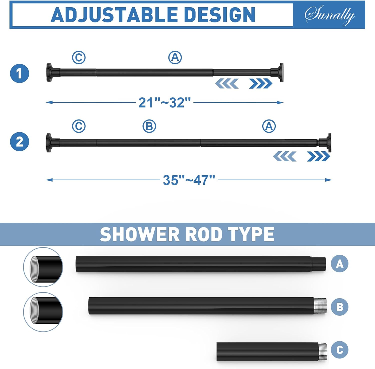 Detalle 2 de SUNALLY SN-ZG-01B Tension Curtain Rod, Adjustable 32–47 in, Black Stainless Steel