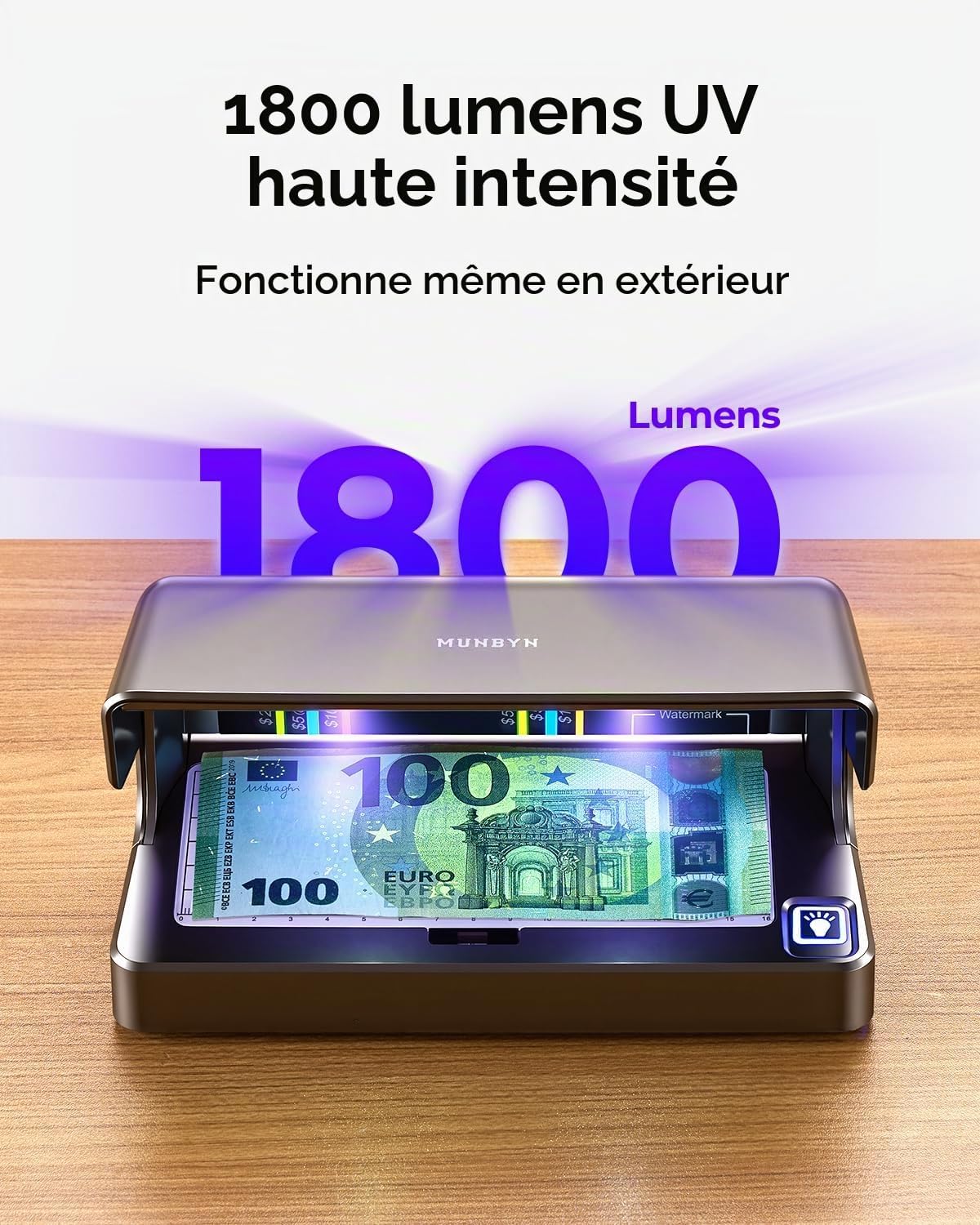 Detalle de MUNBYN IMC26 draagbare bankbiljetdetector met UV- en wit licht, USB-C