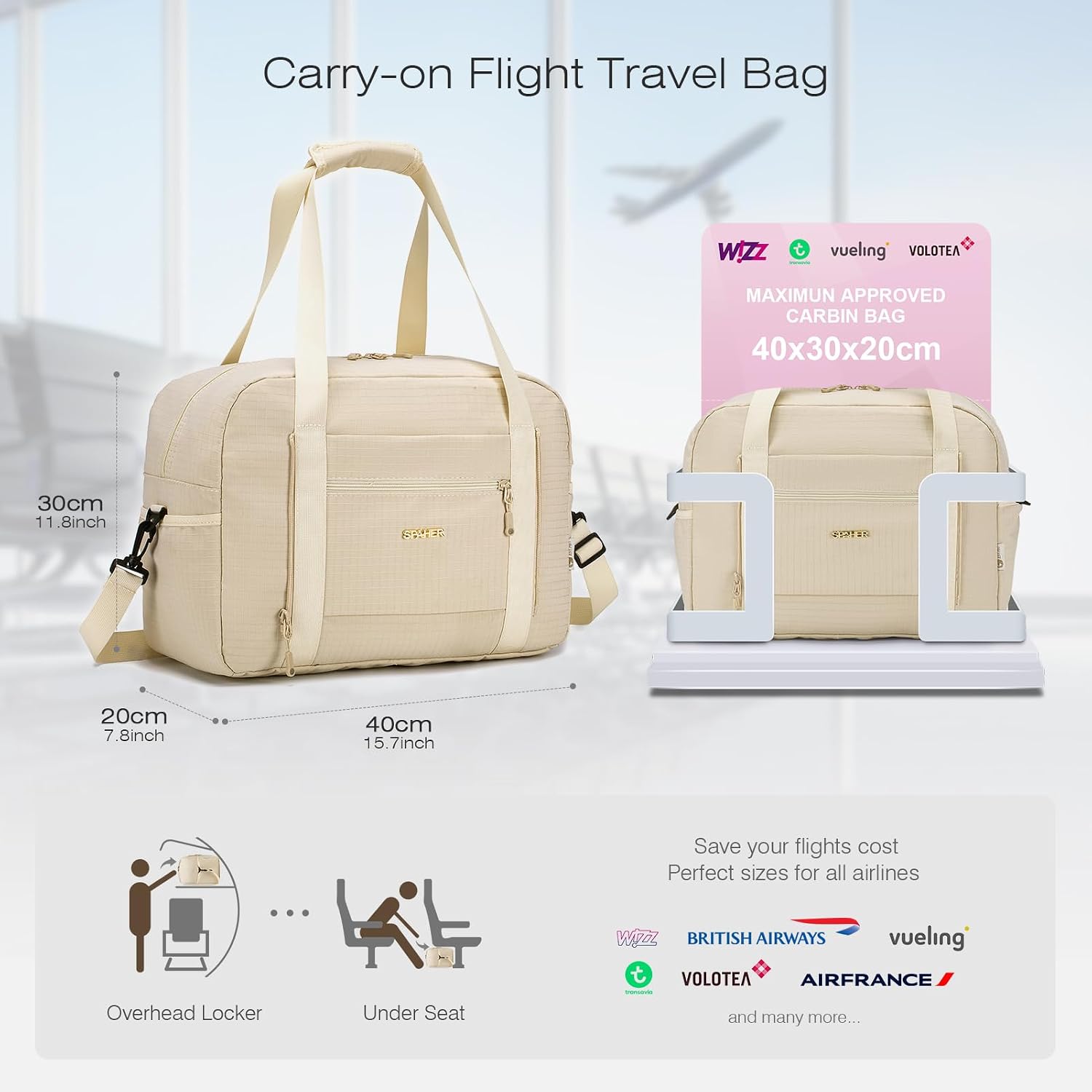 Thumbnail 1 de SPAHER Foldable Underseat Cabin Bag for Ryanair 40x30x20 cm, 25L Beige with Wet Pockets