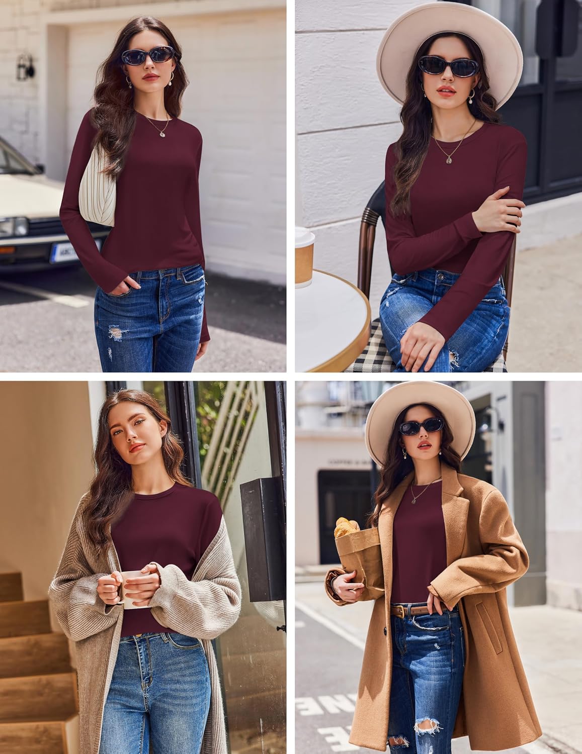 Detalle 2 de Ekouaer Women's Long Sleeve Shirts, 3-Pack Crew Neck Layering Tops