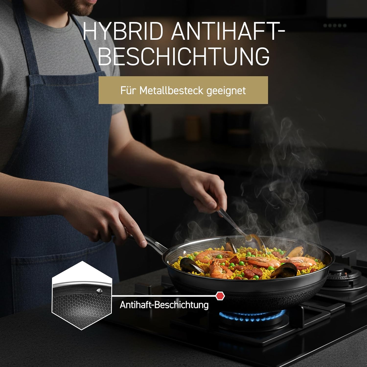 Detalle 2 de HexClad Hybrid-Wok Ø 30 cm – Antihaftbeschichtete Wokpfanne mit Stay-Cool-Griff