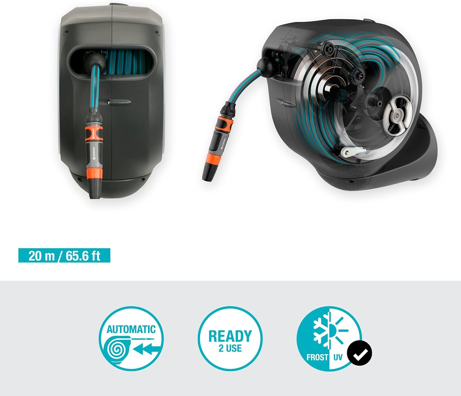 Detalle de Gardena RollUp M - Tubo da parete 20 m per irrigazione flessibile, avvolgitubo girevole con supporto e accessori