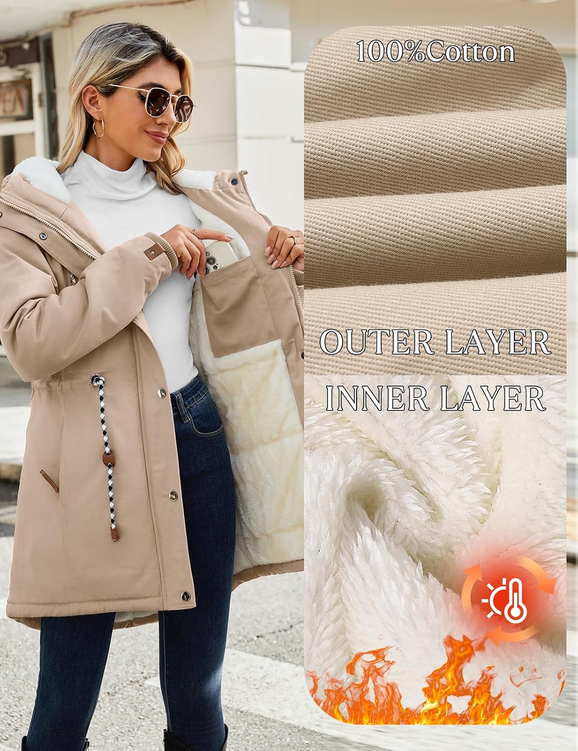 Detalle de Xnova Women's Winter Fleece-Lined Parka Coat with Hood – Warm Cotton, Windproof Mid-Length Overcoat