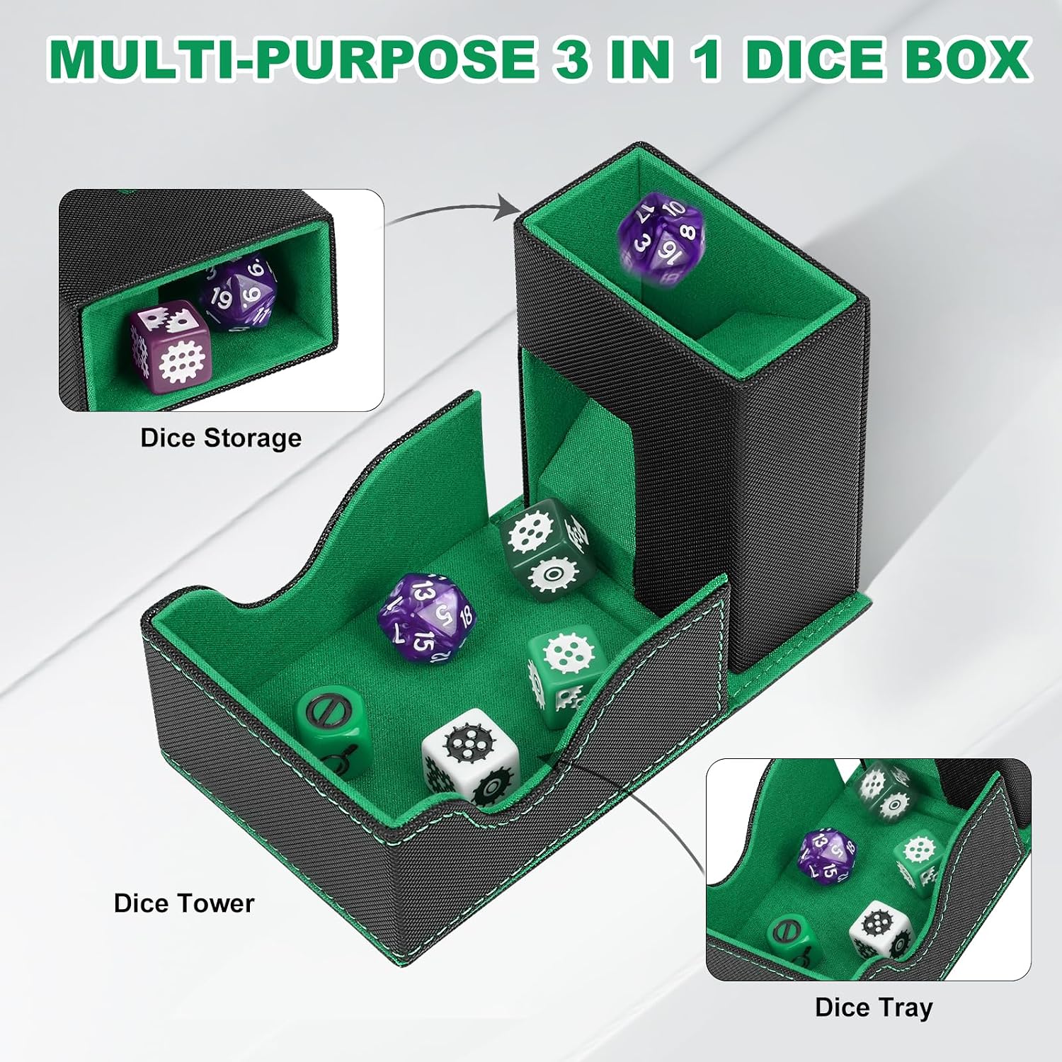 Detalle de T351 Dice Case-GN-CA Foldable Dice Tower, Magnetic PU Leather Tray, Black & Green