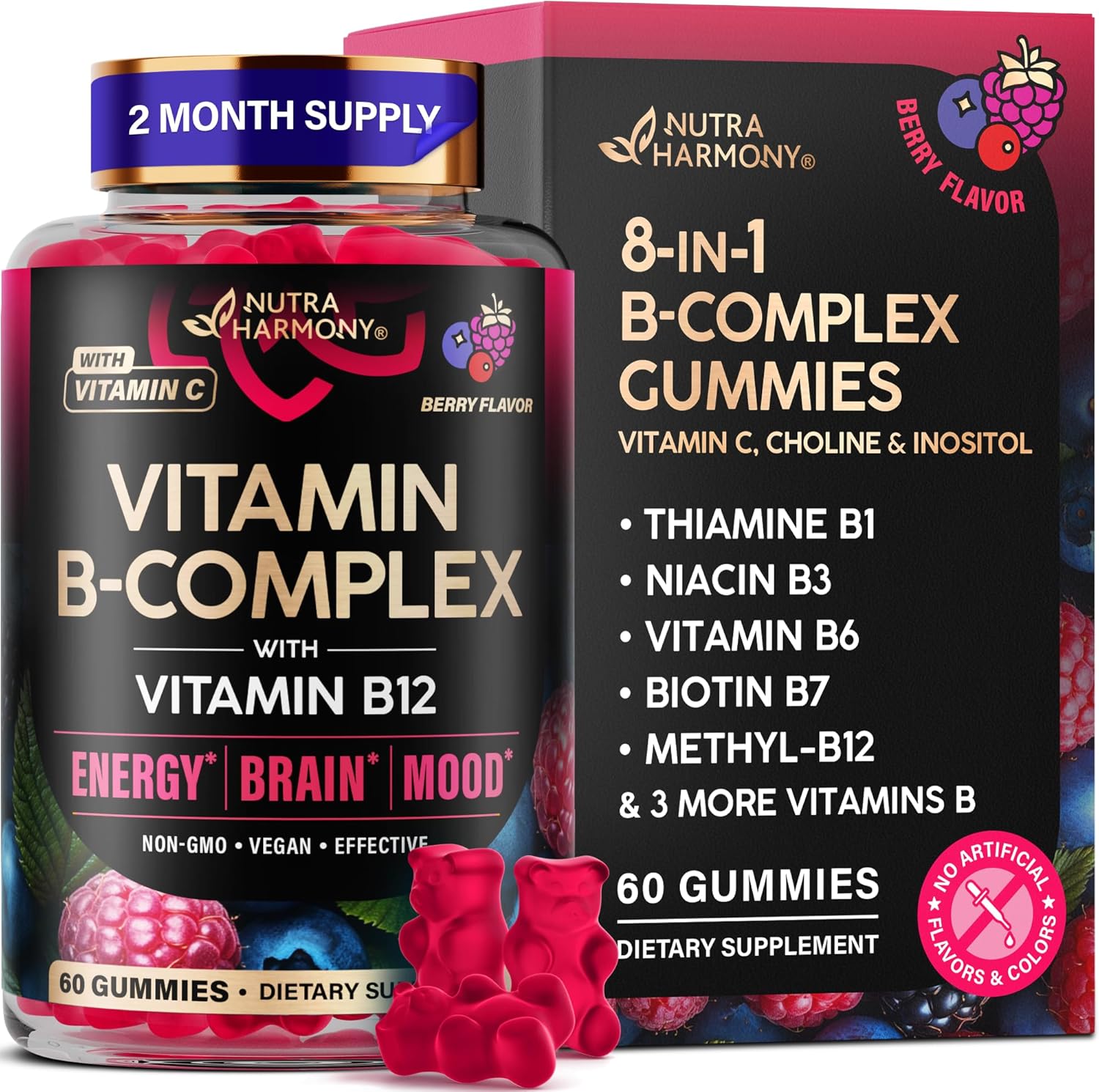 Detalle de NUTRAHARMONY B-Complex Gummies, Vegan Mixed Berry with B12 and Vitamin C