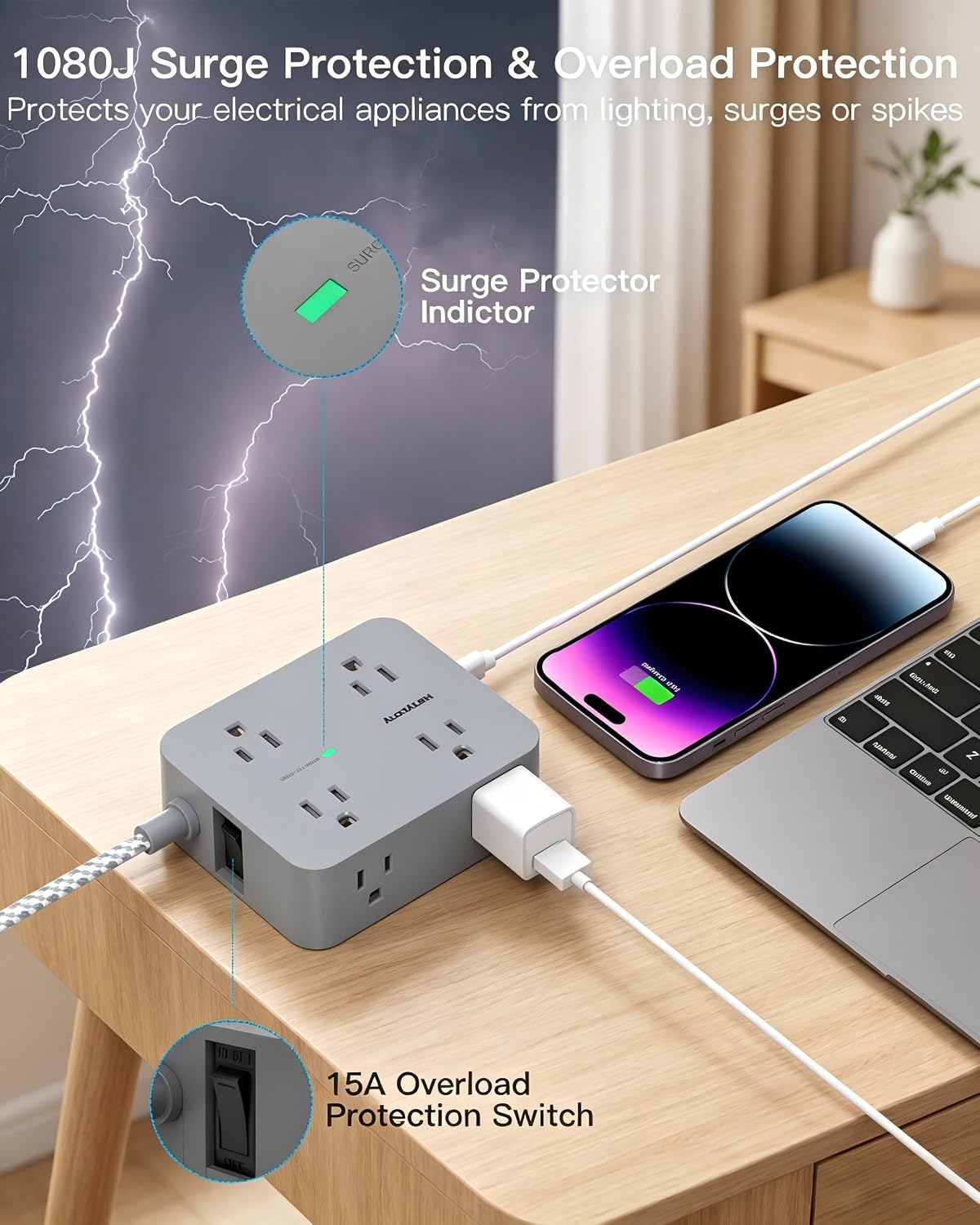 Detalle de HANYCONY HN8U5WC2 Power Strip with 8 Outlets, 4 USB Ports and Flat Plug