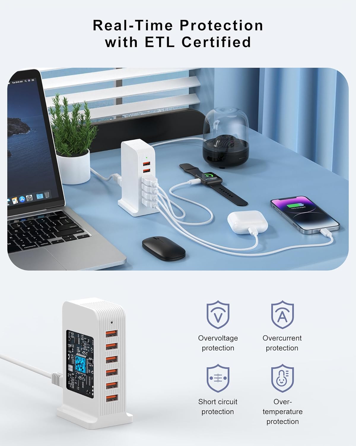 Thumbnail 3 de Qurzou USB Charger 50W 6-Port USB Tower (White)