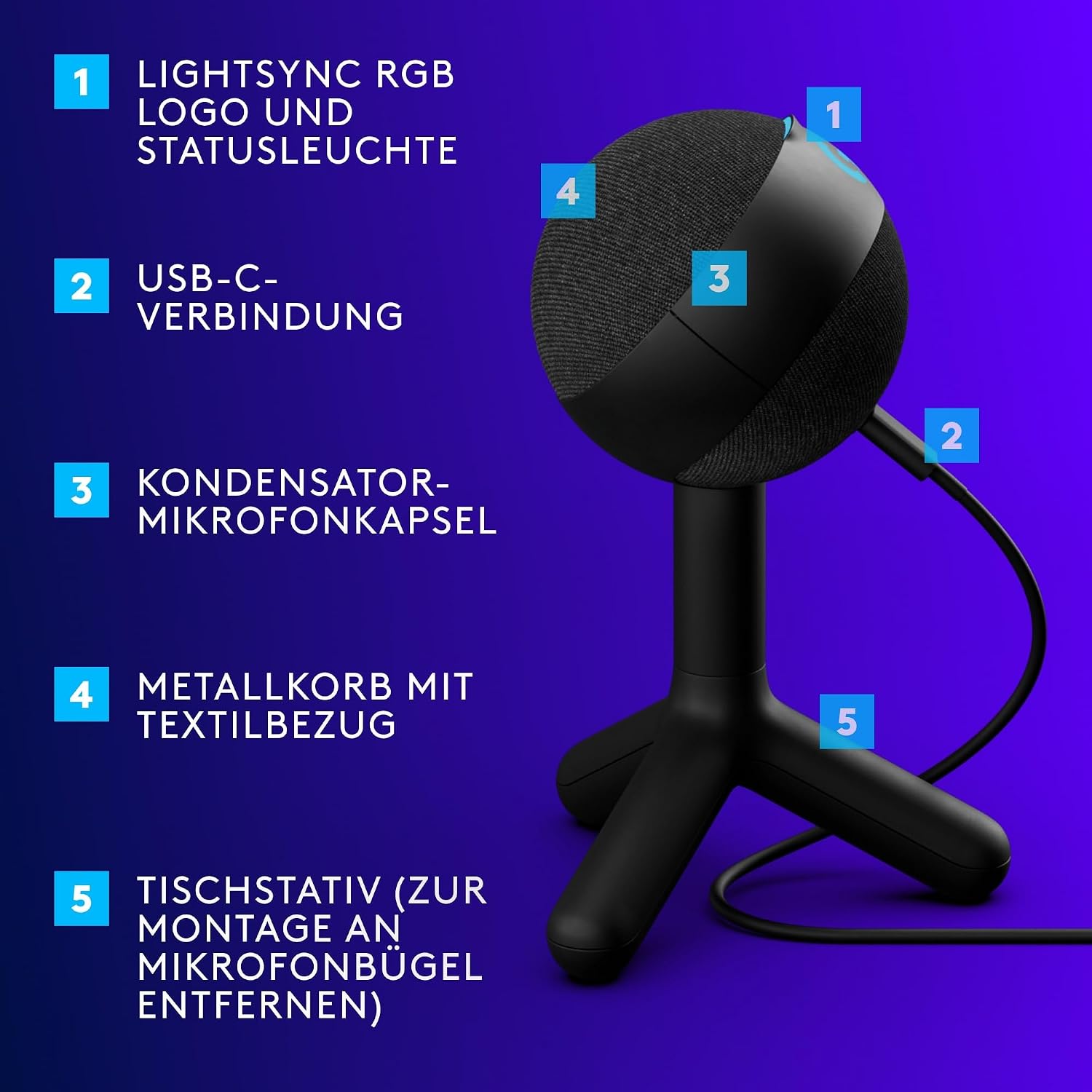 Detalle de Logitech G Yeti Orb USB-Gaming-Kondensatormikrofon mit RGB & LIGHTSYNC (Niere) für PC/Mac – Schwarz