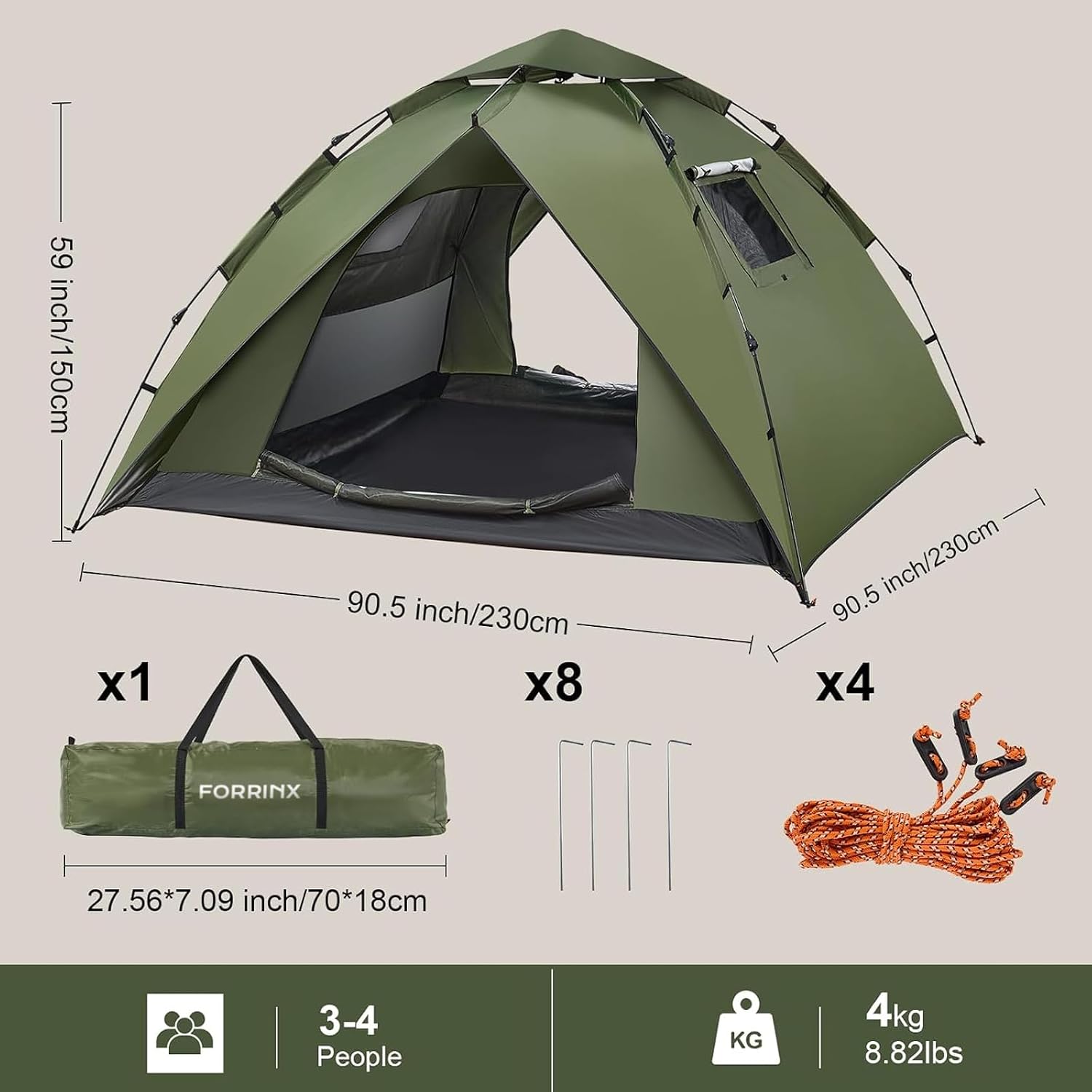 Thumbnail 1 de FORRINX automatische pop-uptent voor 4 personen, dubbellaags, 230 x 230 cm