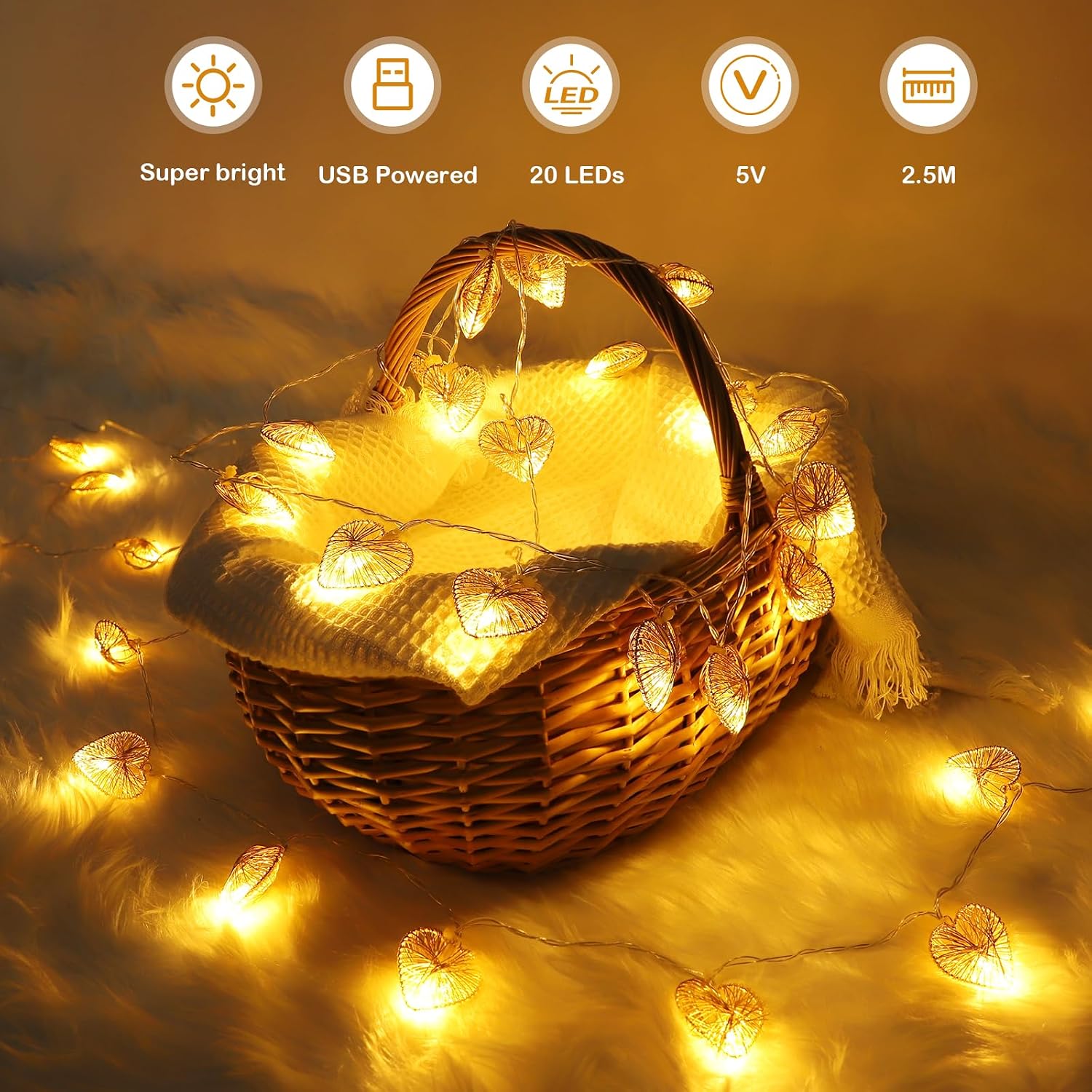 Detalle de A.bigwhale Lichterketten Innen – Herzförmige 20 LED, USB, Timer, 5 m