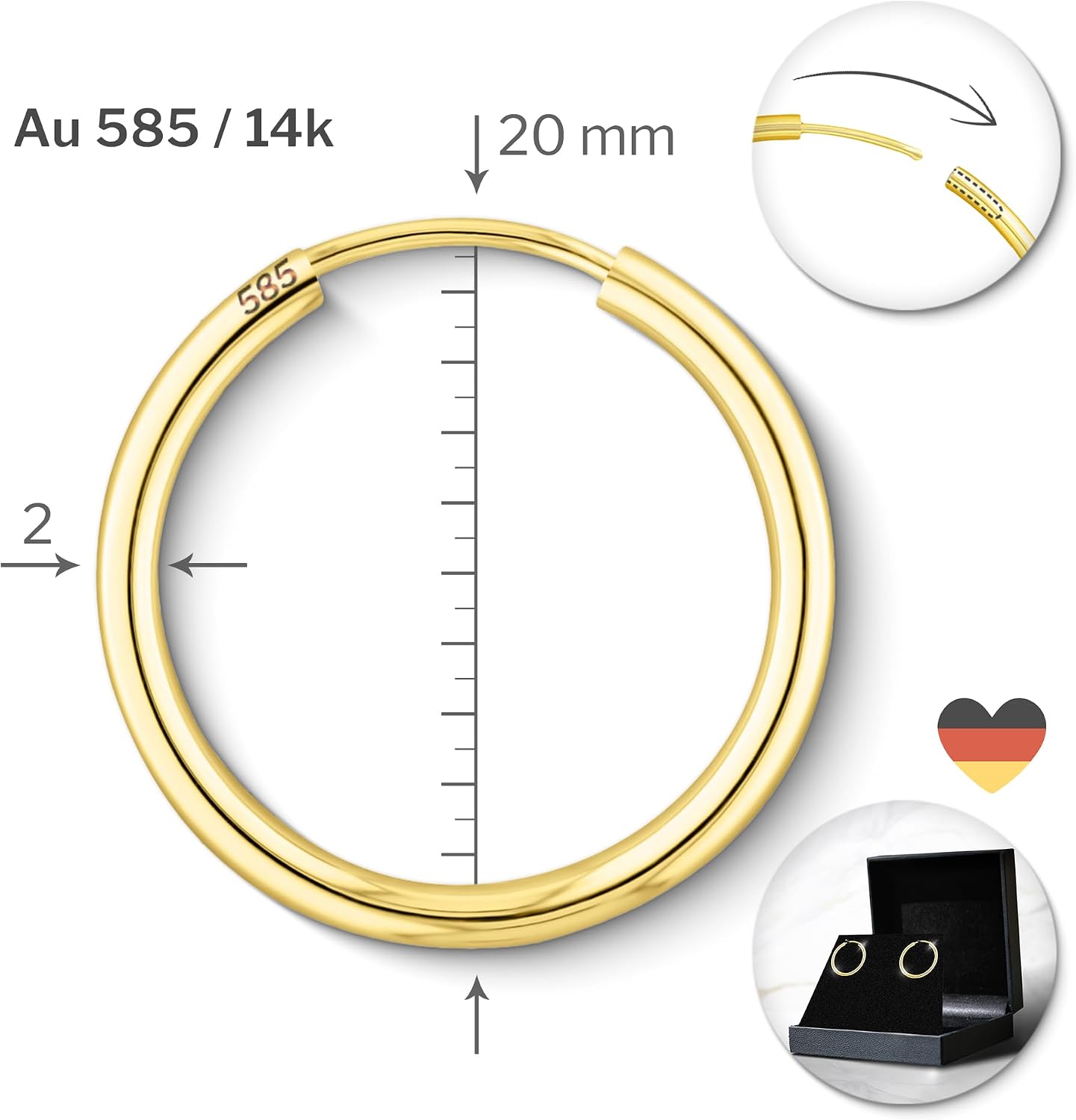 Detalle 2 de EDELIND Boucles d'Oreilles Femme Or Jaune 333/585 – Créoles Diamètre 20 mm