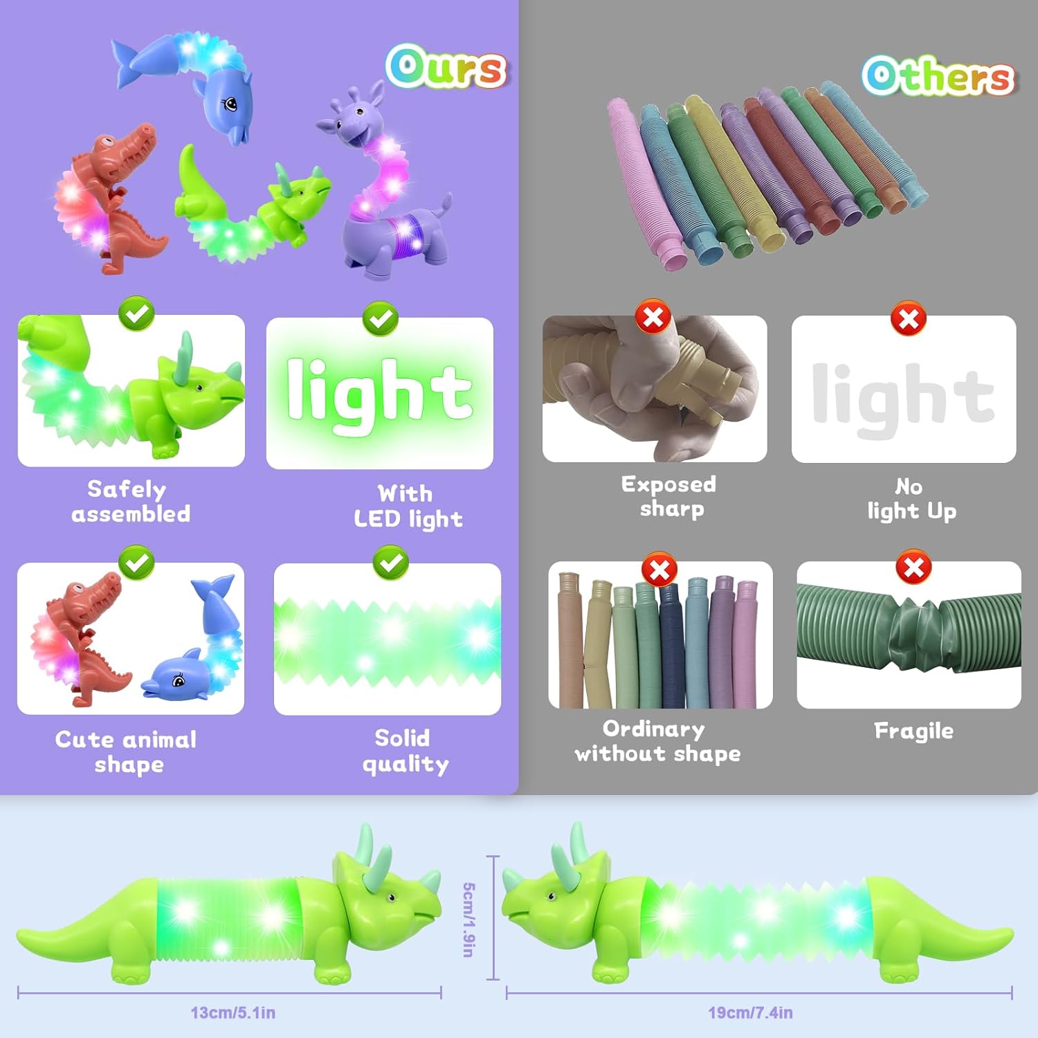 Detalle 2 de DELEE Pop Tubes Animal Toy (4-pack) with LED lights – stress relief stretch tube animals