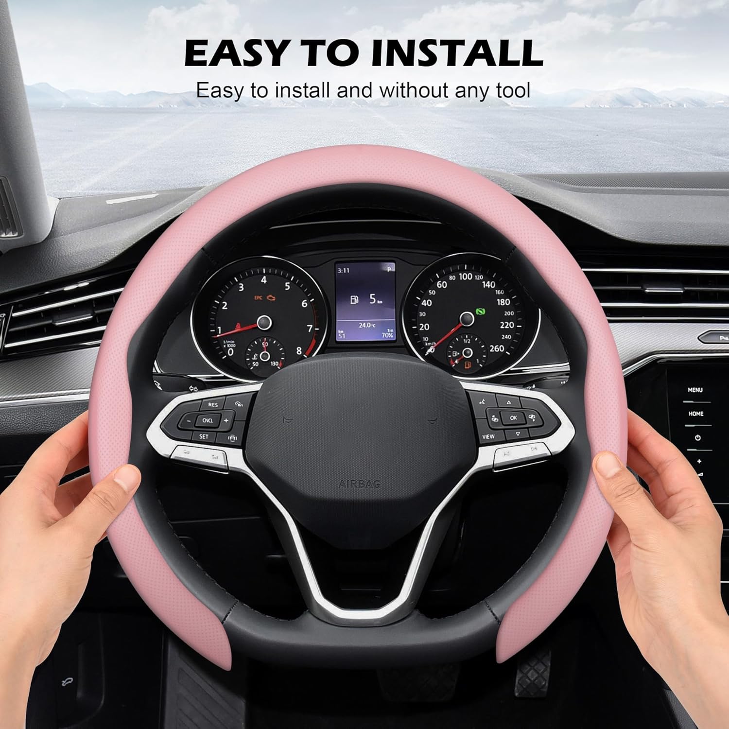 Detalle 2 de Frani Nappa Leather Steering Wheel Cover (Universal 15 Inch) – Light Pink Anti-Slip Comfort Grip
