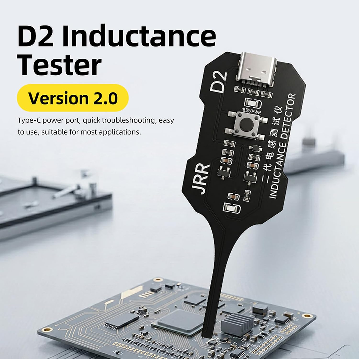 Detalle de diymore JRR D2 induktanstestare V2.0 med USB-C och dubbel LED-display