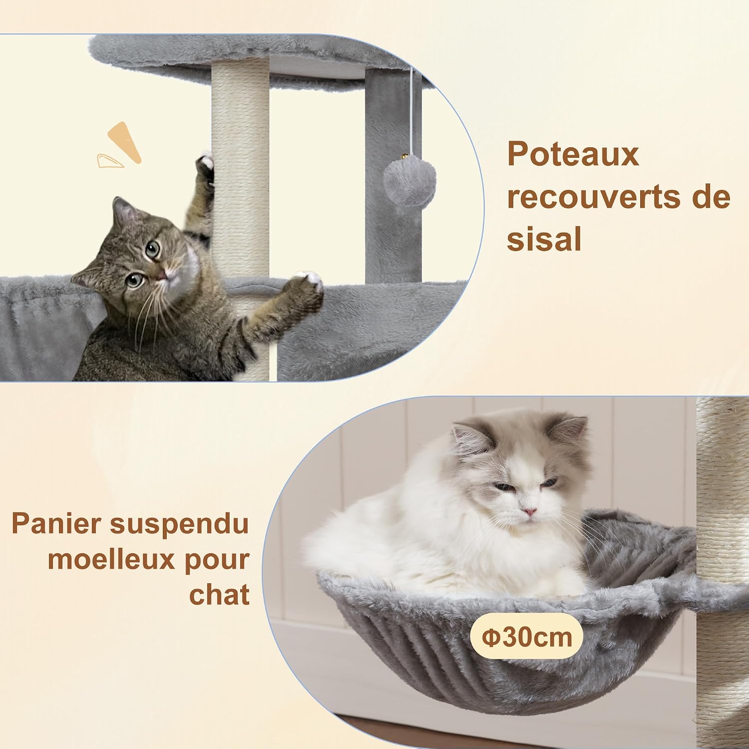 Detalle de Heybly Arbre à Chat, 92 cm – Escalier avec 2 Niches, Gaine SISAL et Plateforme supérieure, Gris Clair (HCT201SW)