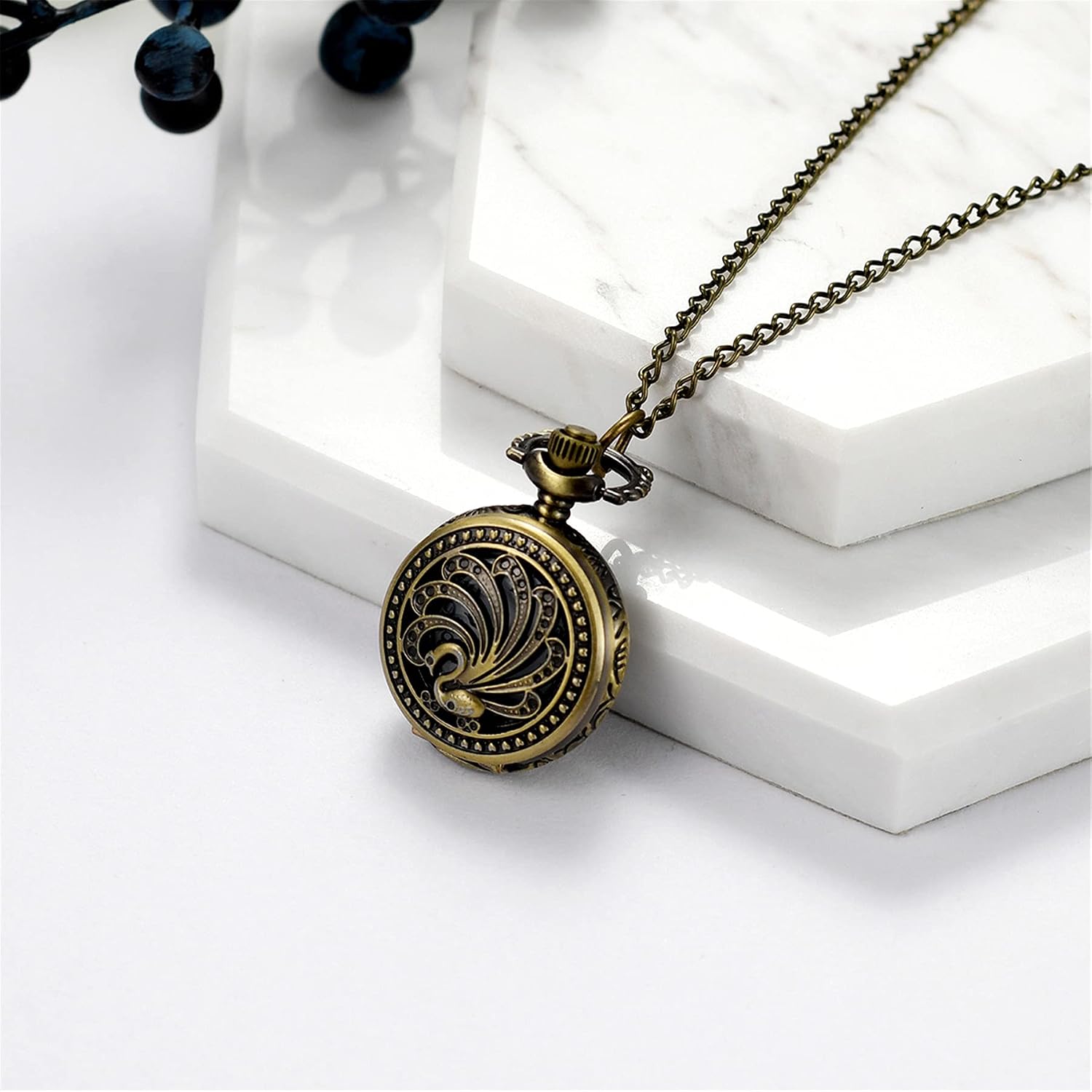 Detalle de JewelryWe Taschenuhr Herren als Kettenuhr „Retro Royal Flush/Kompass/Blumen/Glocke/Motorrad“ mit Halskette