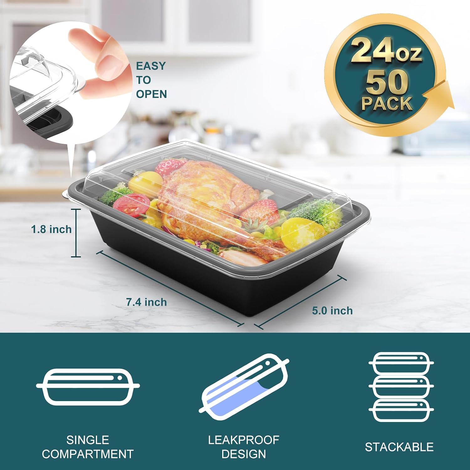 Detalle 2 de WGCC Meal Prep Containers 24 oz, 50 Pack 🍱