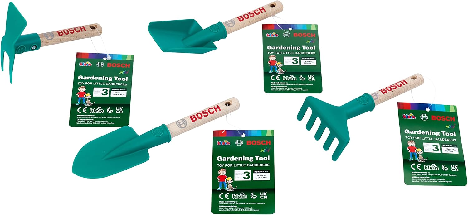 Detalle de Theo Klein 2735 Bosch Gardening Hand Tool Set for Kids (Spade, Rake, Shovel & Hoe) with Hanging Eyelet