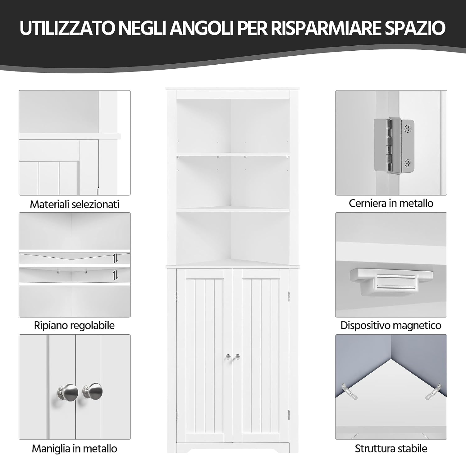 Detalle de Yaheetech Armadietto da Bagno a Colonna Alto in MDF FSC, 3 Ripiani Regolabili, Bianco