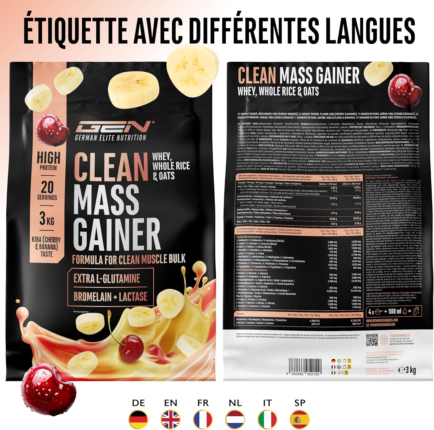 Thumbnail 6 de GEN German Elite Nutrition Clean Weight Gainer – 3 kg, cherrry & banana, prise de masse (végétarien)