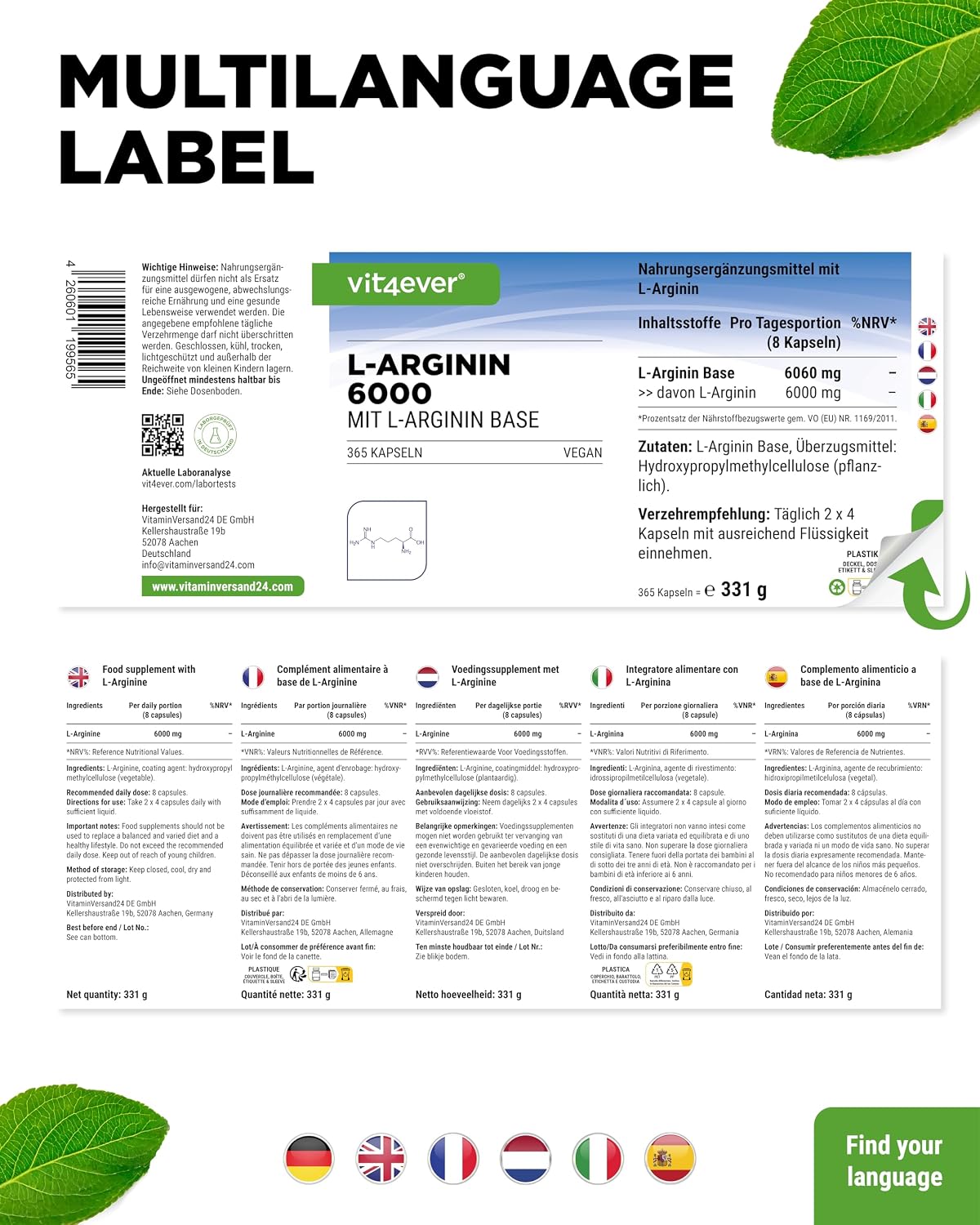 Detalle de vit4ever L-Arginin 6000 mg – 365 Kapseln (reines L-Arginin Base, vegan)