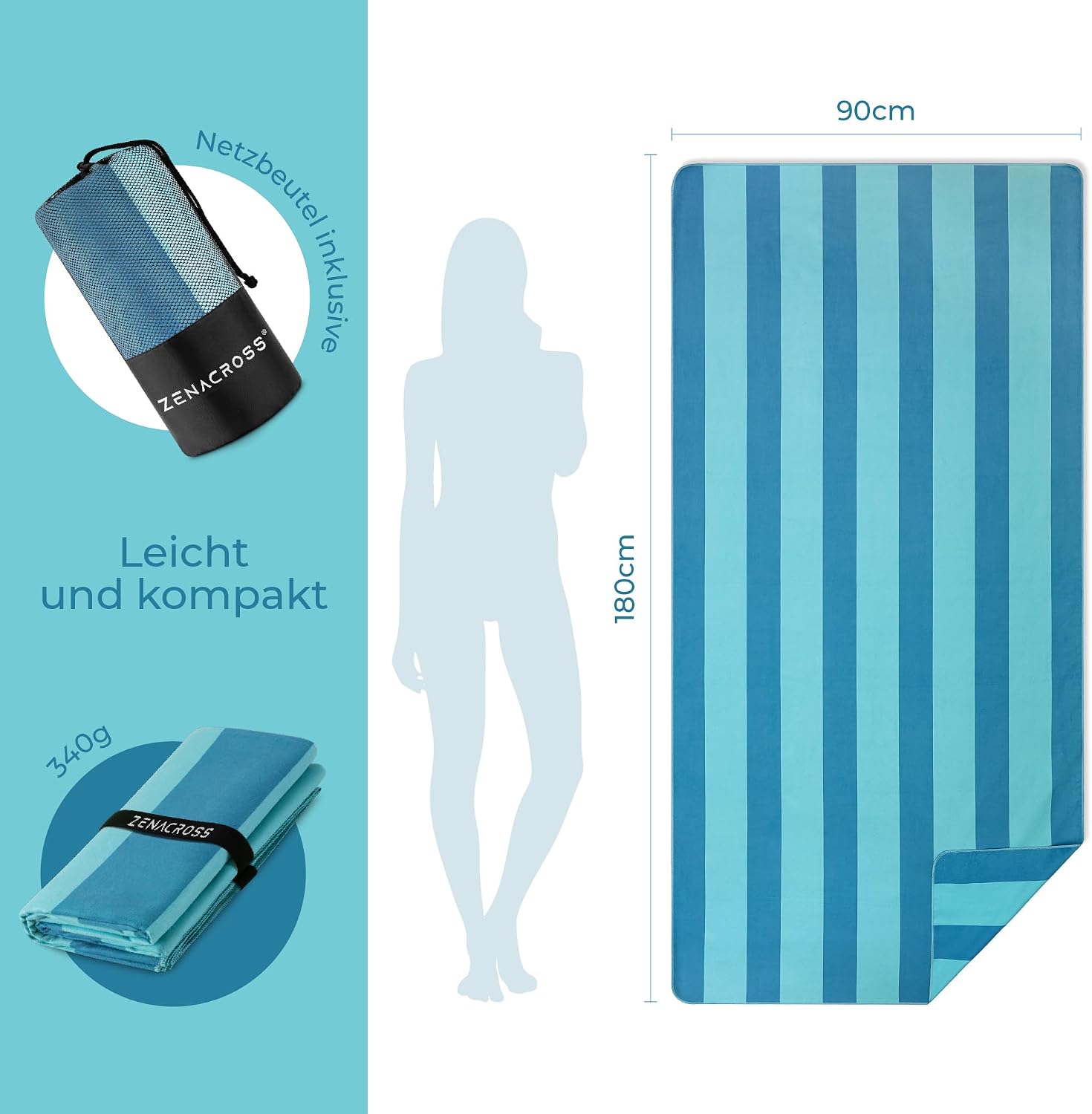 Detalle de ZENACROSS Mikrofaser Strandtuch XXL 90x180 cm – schnelltrocknend, sandfrei
