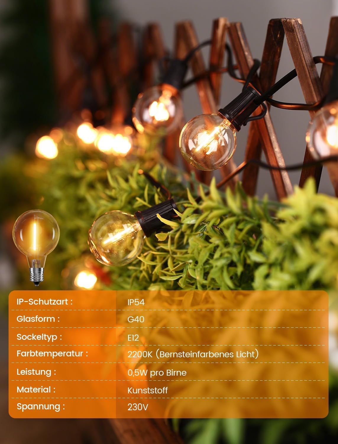 Thumbnail 6 de LED-Lichterkette Außen Strom 8 m – wetterfest, G40 Warmweiß, IP54, 13 LED-Birnen