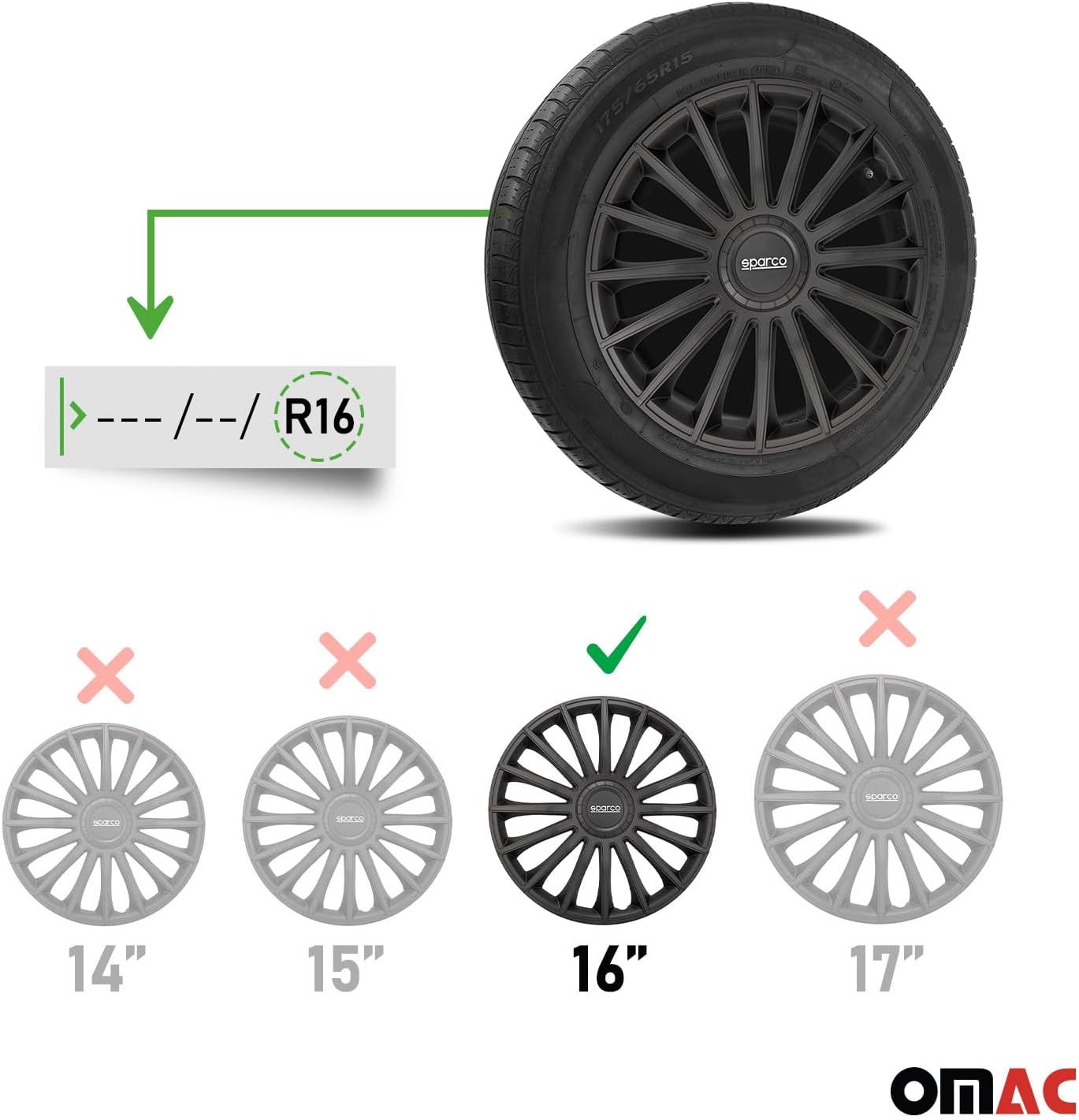 Thumbnail 2 de Sparco Treviso navkapslar 16 tum, svarta, ABS, snäppmontering, 4-pack