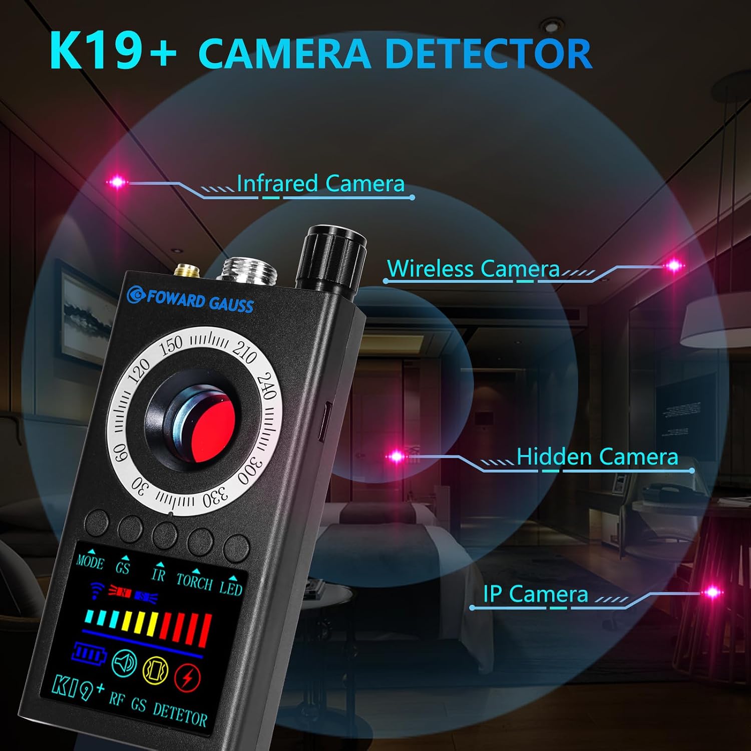 Detalle de FOWARD GAUSS Hidden Camera Detector with Adjustable Sensitivity and LED Display