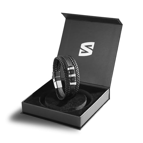 Detalle de SERASAR Bracelet Cuir Homme – Bracelet en cuir véritable noir et argenté, longueur 20 cm, réglable