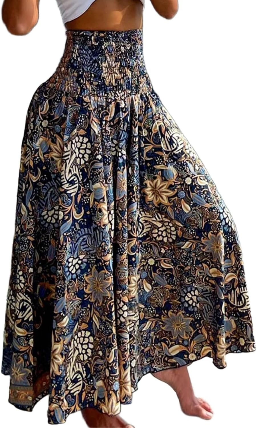 Detalle de CHICME Boho Floral Shirred High-Waisted Wide Leg Palazzo Pants