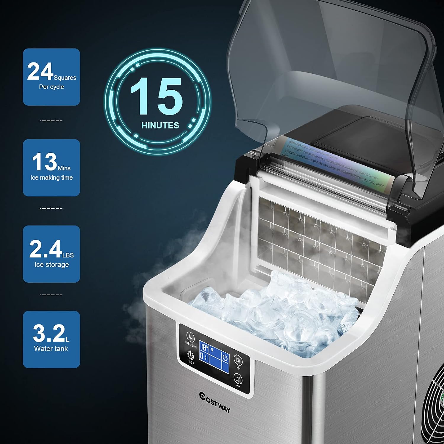 Detalle 1 de COSTWAY Countertop Ice Maker, 40 lb/24h, Self-Cleaning with LCD Controls