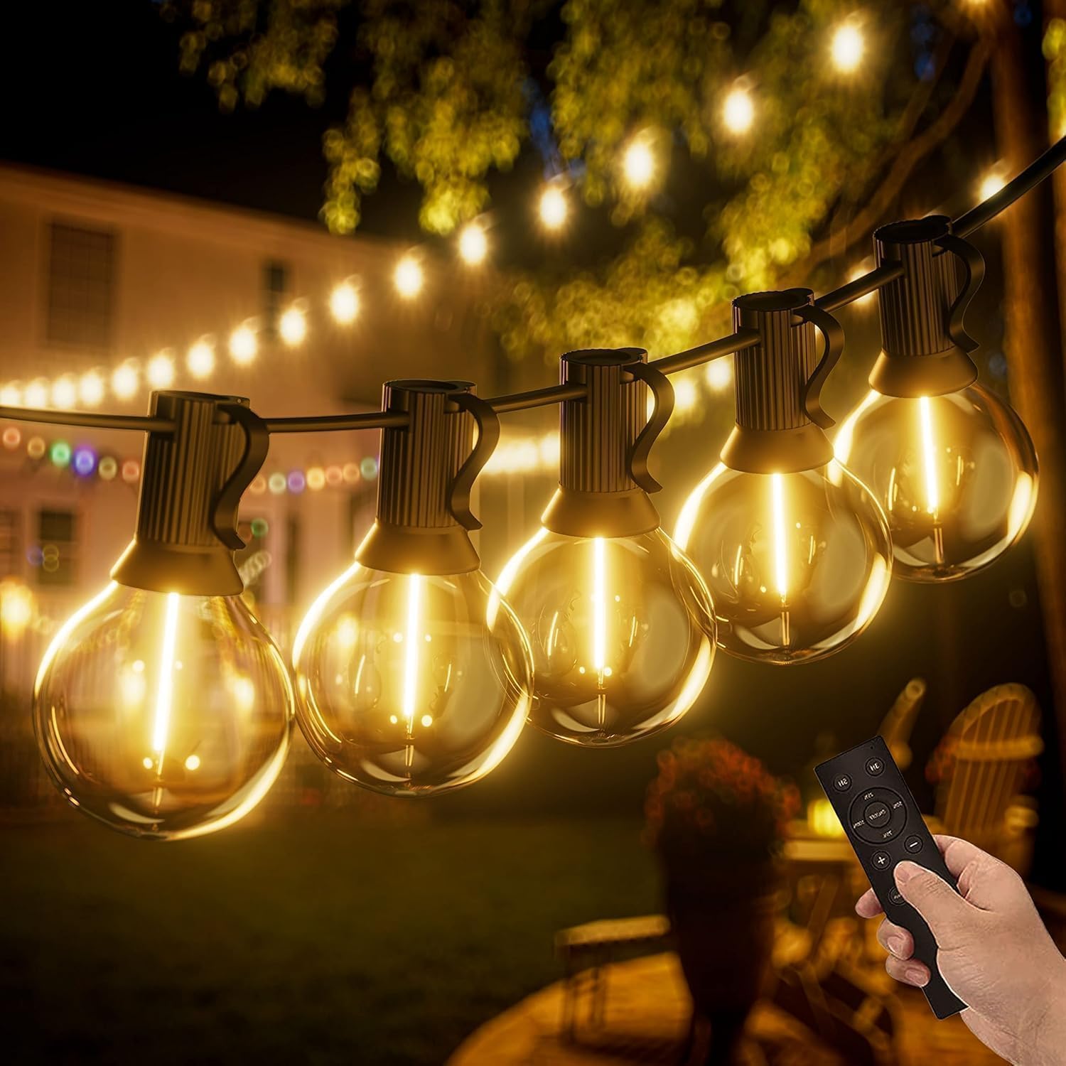 Detalle de Yuucio G40 Catena Luminosa da Esterno 45 m Dimmerabile LED con Telecomando, 75+3 lampadine in plastica, IP45, Bianco Caldo 2700K
