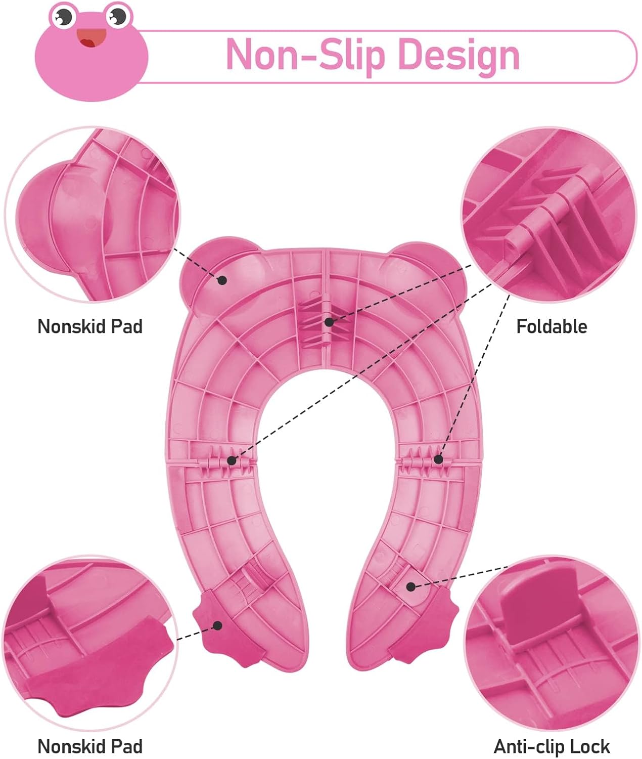 Detalle de Pejoye Portable Travel Toddler Toilet Seat – Foldable Potty for Kids, Pink Frog
