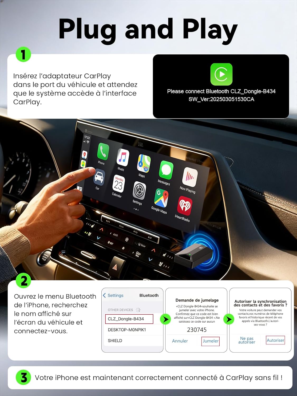 Detalle de Vanstaki H2 Adaptateur CarPlay sans Fil — Plug & Play, pour iPhone et CarPlay filaire