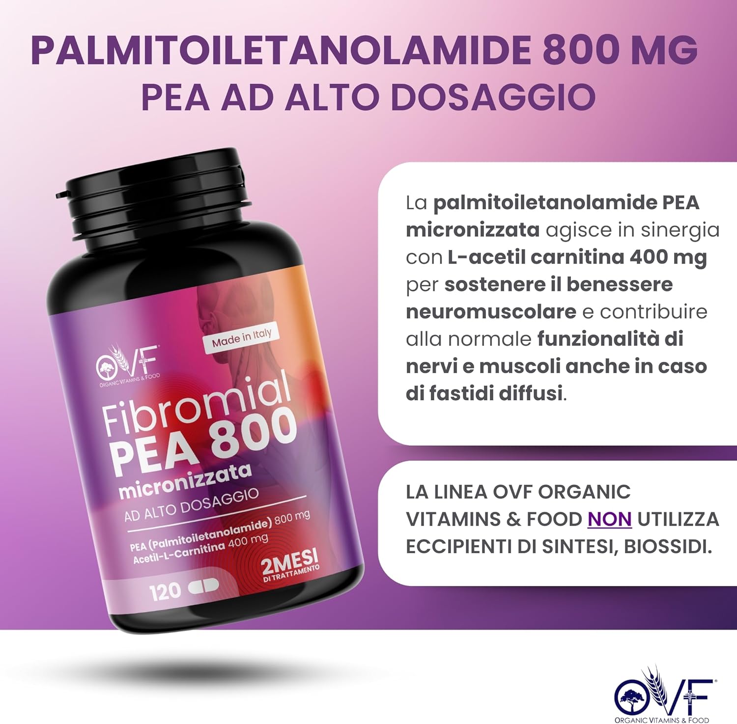 Detalle de OVF Fibromial PEA 800 120cps – Integrazione naturale per benessere di nervi e muscoli