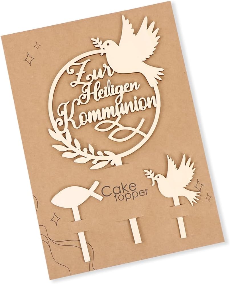 Thumbnail 6 de Tortendeko Konfirmation Holz – Cake Topper aus Naturholz mit Tauben, Fischen und Girlanden