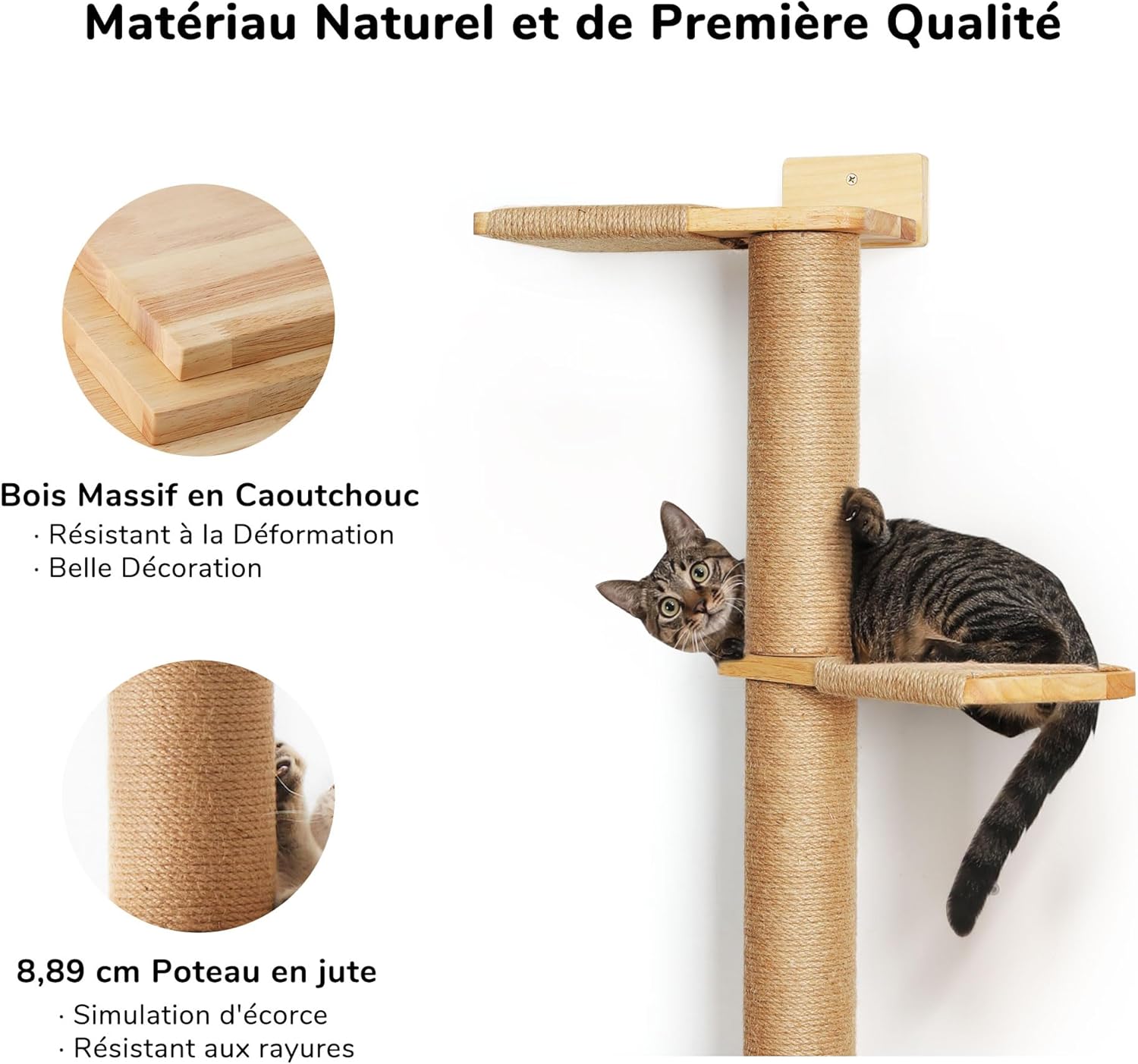 Thumbnail 3 de FUKUMARU Arbres à Chat mural Wall Jungle 205,7 cm : 5 étages, griffoir rotatif et plateformes pivotantes