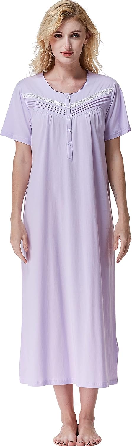 Detalle de Keyocean nightgown Women's 100% Cotton Sleep Dress, Short Sleeves, Mid-Calf