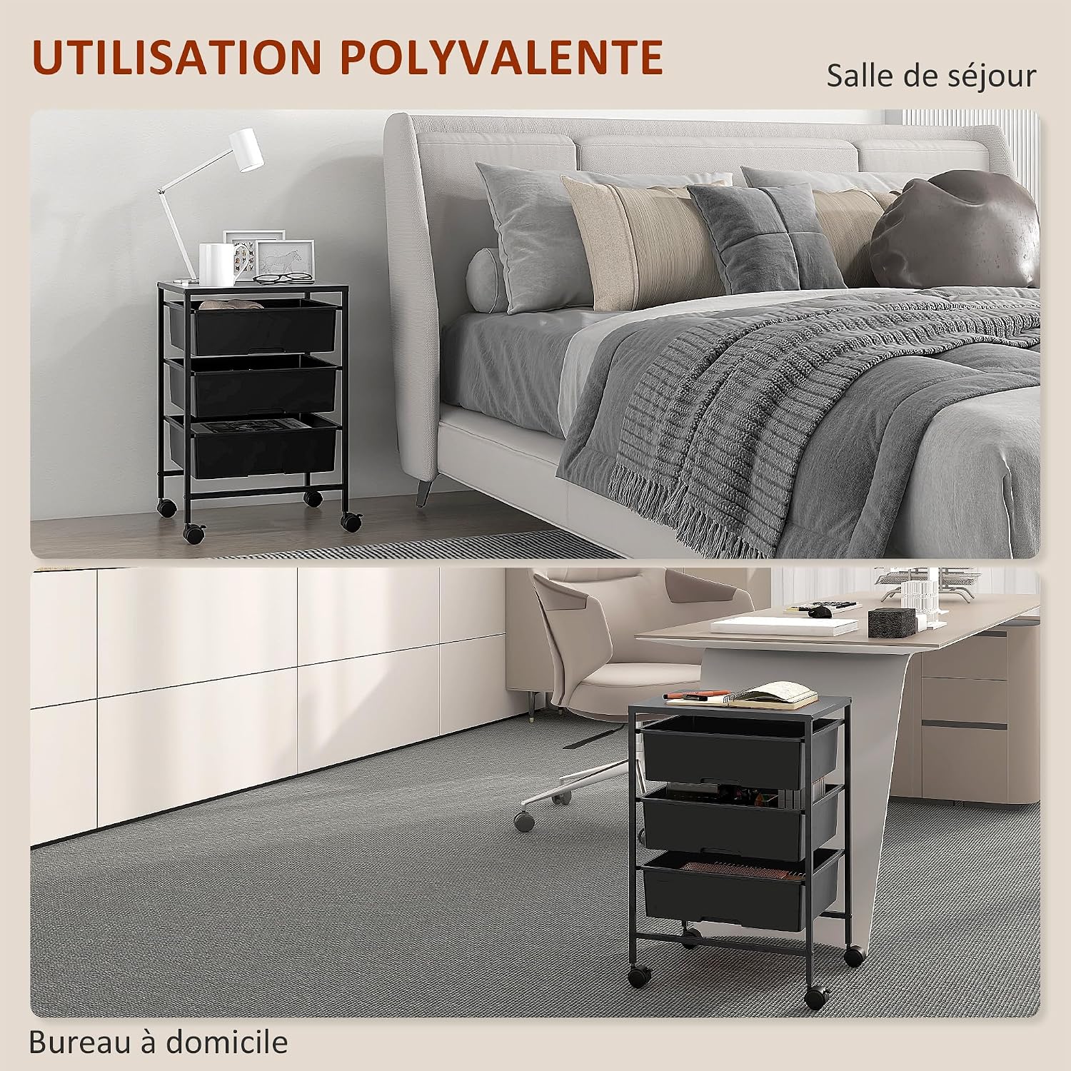 Detalle 1 de HOMCOM 850-289V00BK opbergwagen met 3 manden, stalen frame en wielen