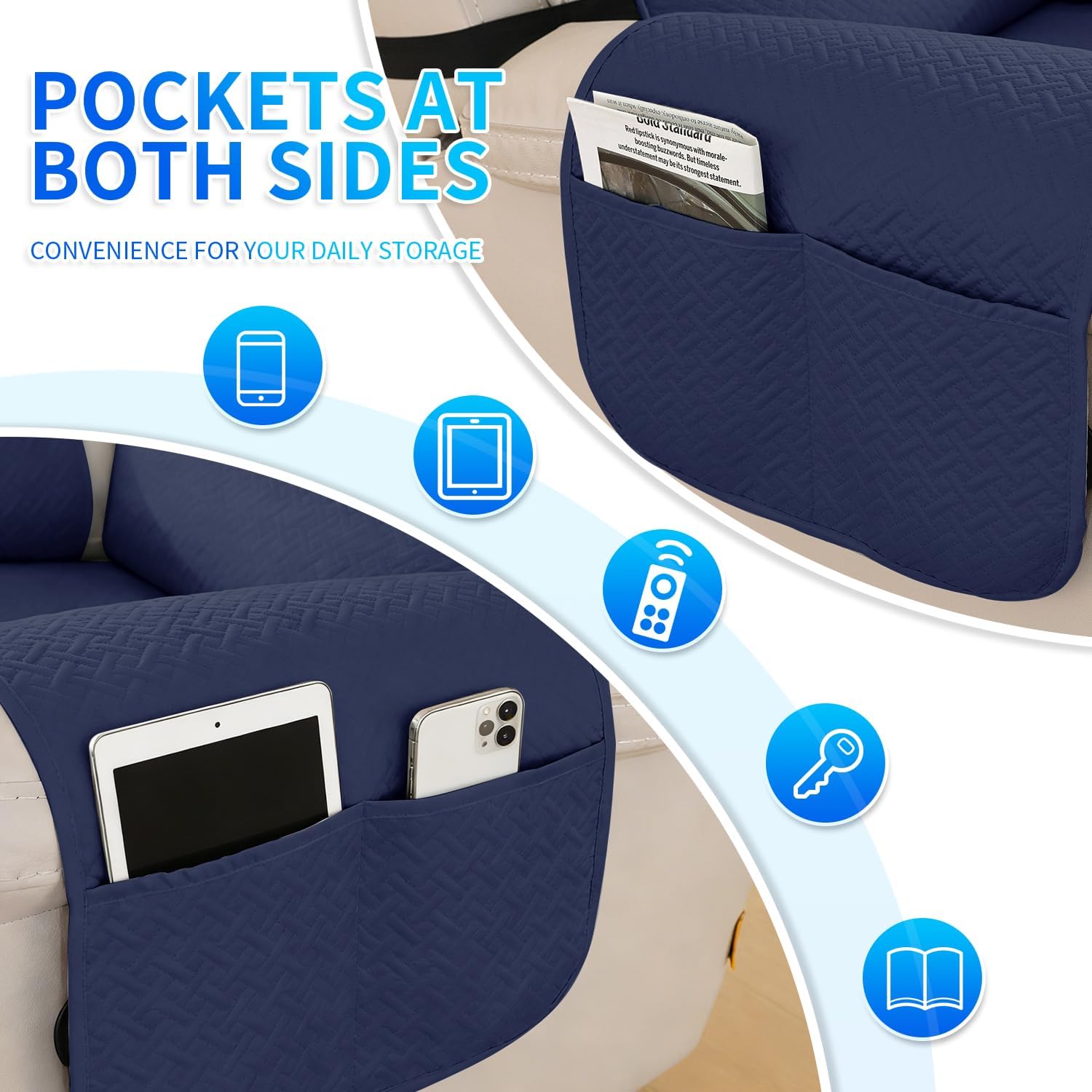 Thumbnail 5 de CYCMACO Copripoltrona Grande 1 Posto Relax Reclinabile Blu Scuro – Impermeabile con Tasche Laterali