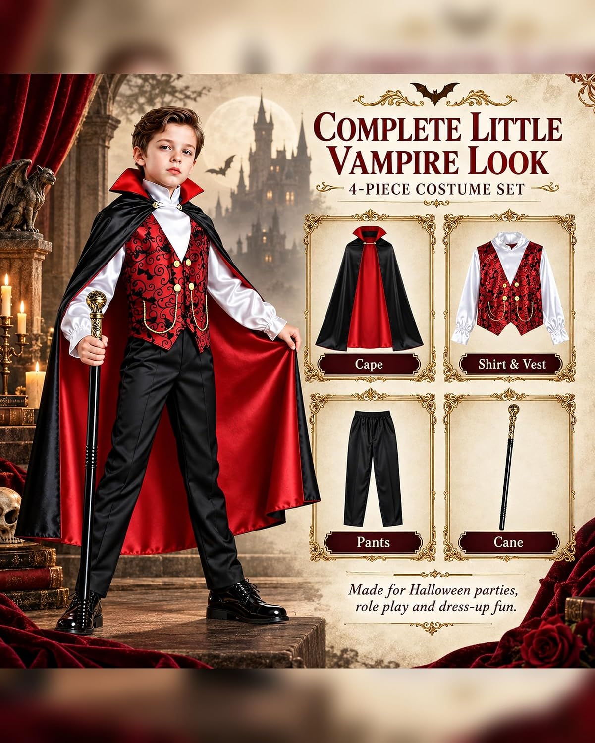 Thumbnail 1 de BLmukce Boys Vampire Costume Set with Cape, Shirt, Pants and Cane