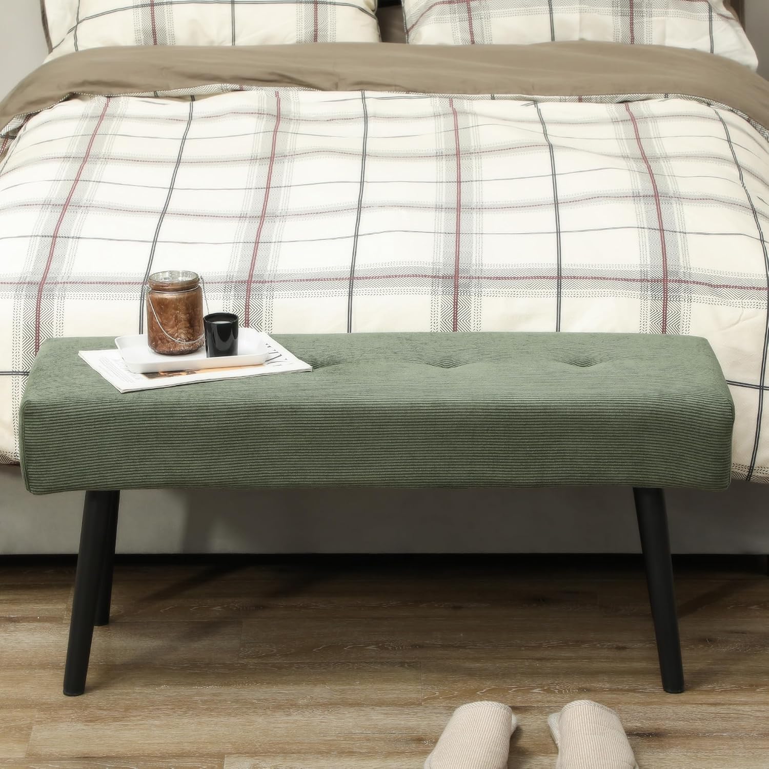 Thumbnail 6 de HOMCOM banc banquette moderne rembourré en velours côtelé vert (bout de lit) sur pieds en acier noir, 100 x 36 x 45 cm