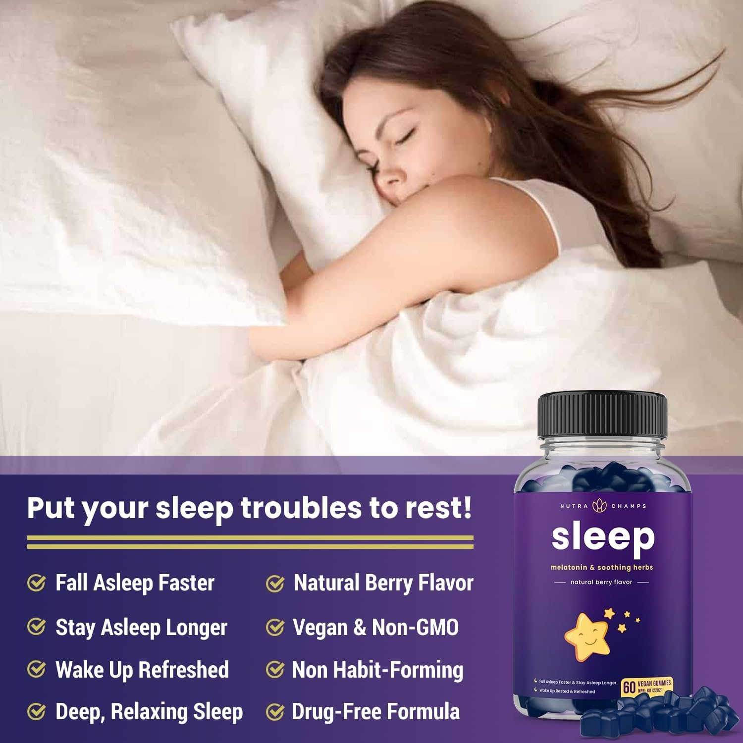 Thumbnail 2 de NutraChamps Sleep Gummies, 2-Pack, 120 Gummies, Berry, Vegan Melatonin Blend