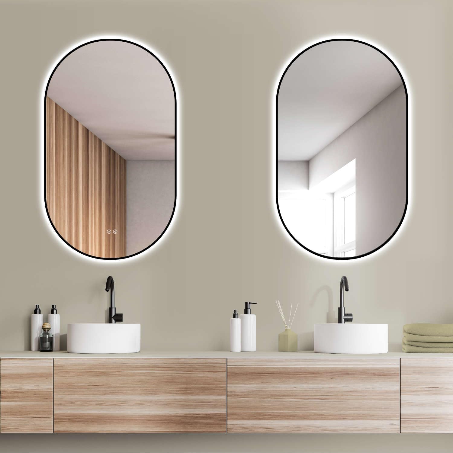 Thumbnail 4 de HOKO Specchio-Bagno con Luce Ovale Antiappannamento LED 45x75 cm, Cornice Metallo Nera, Montaggio Verticale/Orizzontale