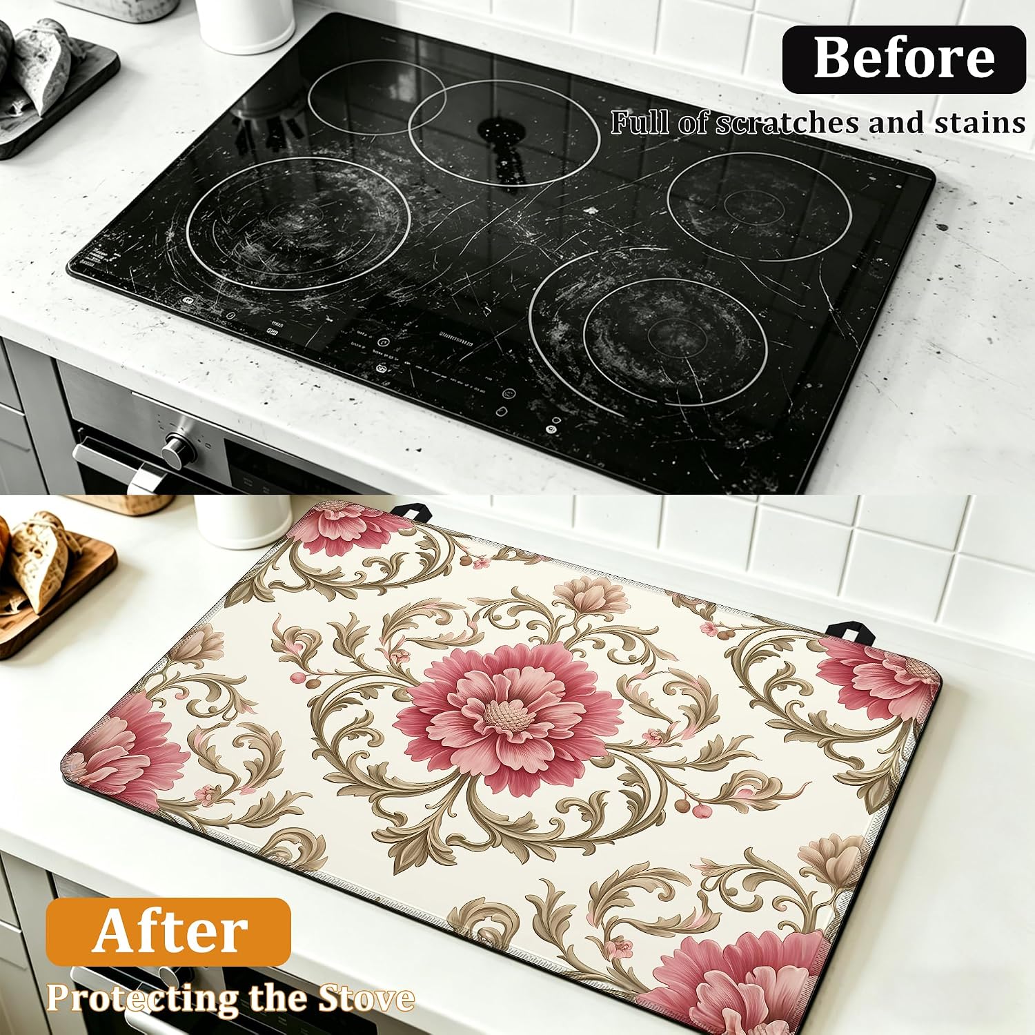 Detalle 2 de YIKTI Vintage Floral Stove Top Cover, 28 x 20-Inch Washable Mat