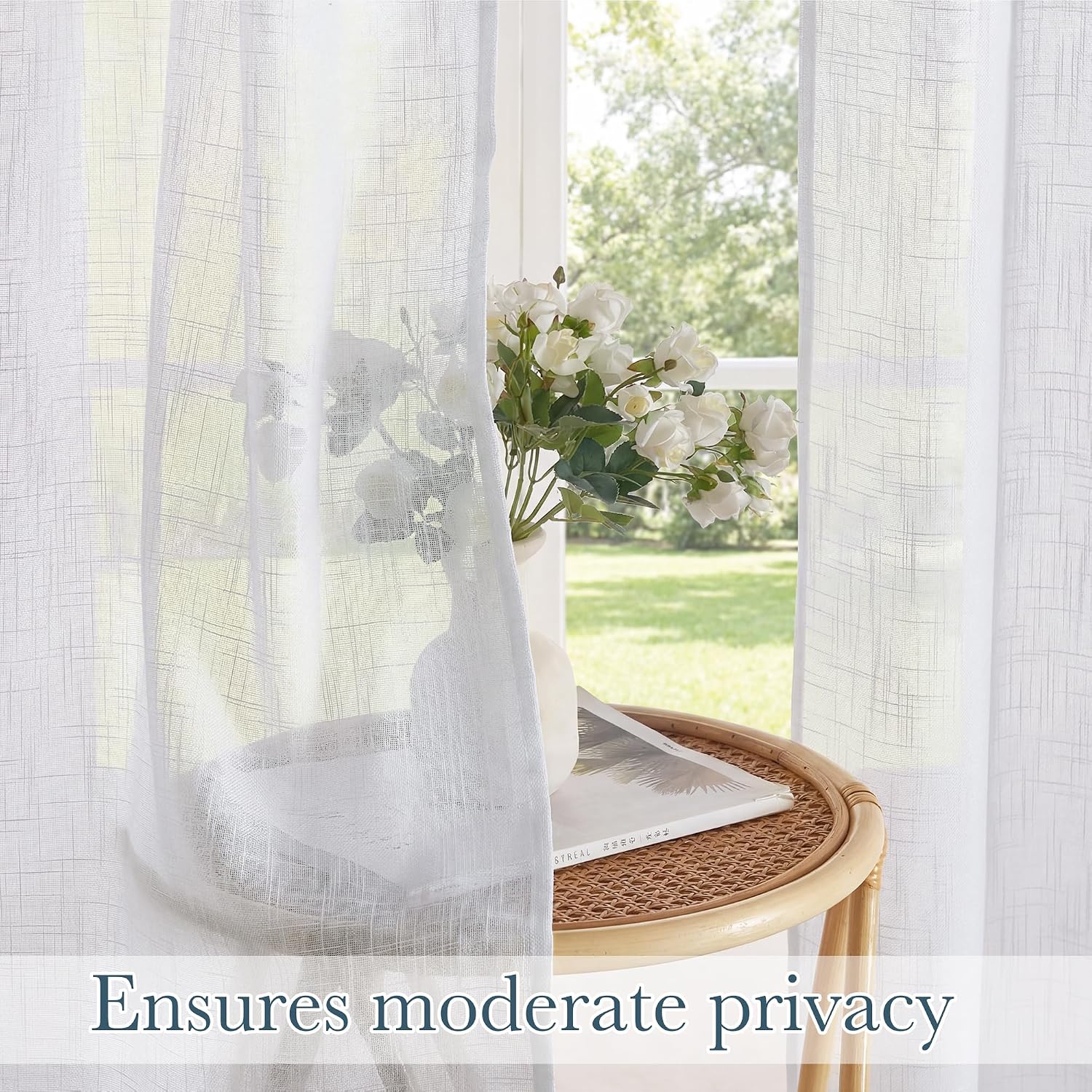 Detalle 2 de PONY DANCE White Voile Curtains 90 Drop Pair (52x90 inches) – semi-sheer linen-look eyelet panels for living rooms & bedrooms