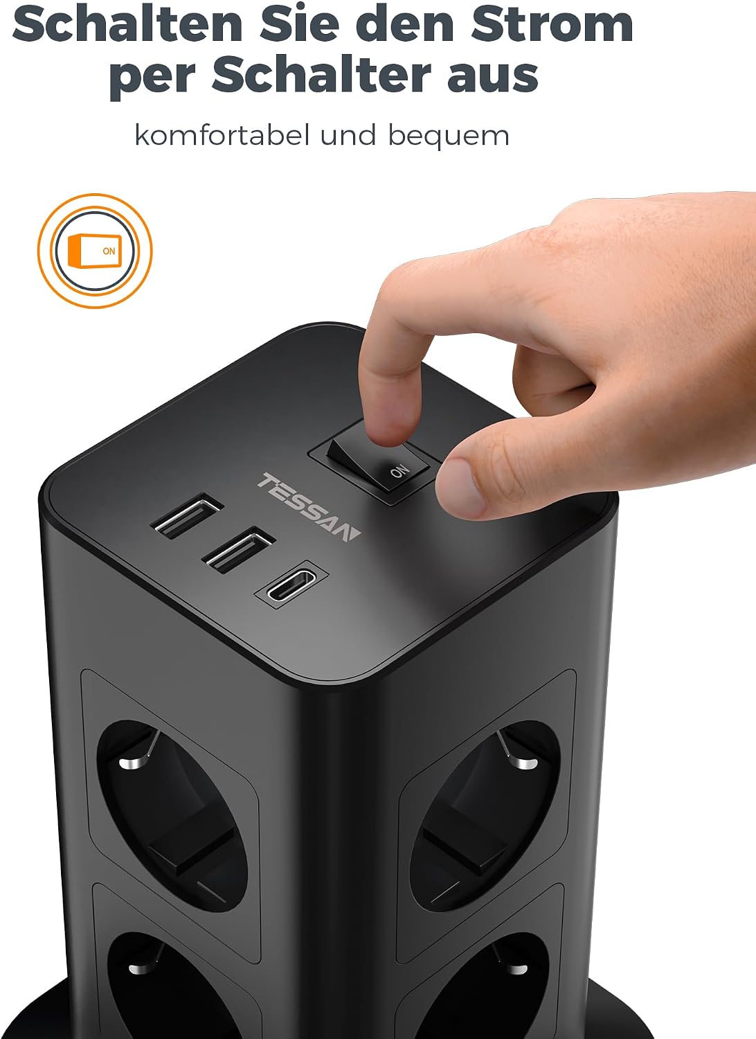 Thumbnail 6 de TESSAN grenuttagstorn med 8 uttag, USB-A, USB-C och 2 m kabel