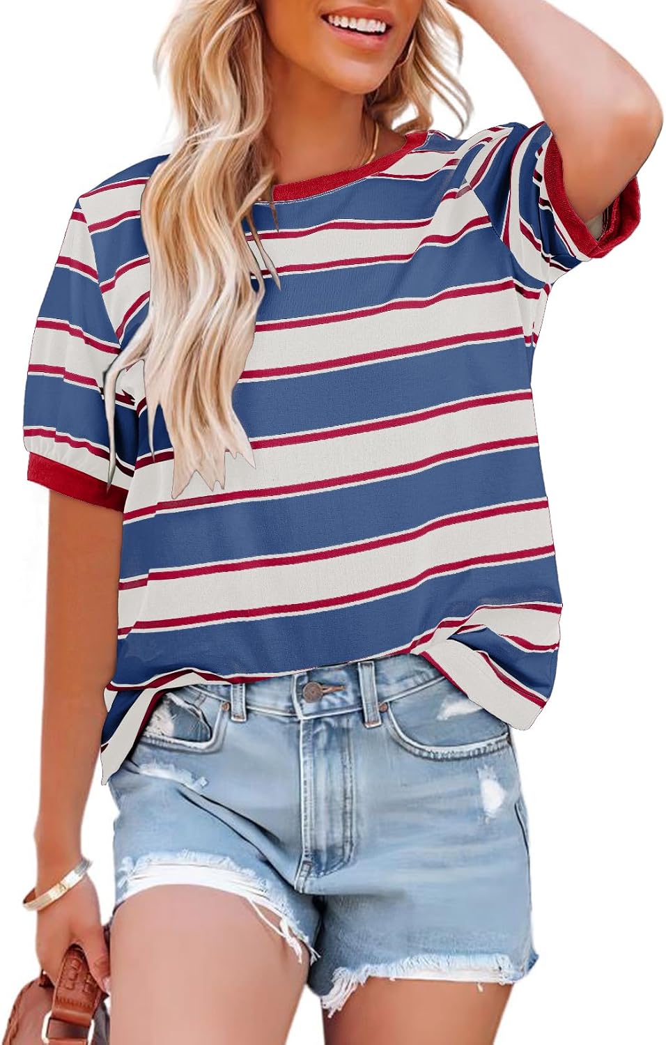 Detalle de Dokotoo Womens Summer Tops 2026 Striped Color Block Short Sleeve T-Shirt