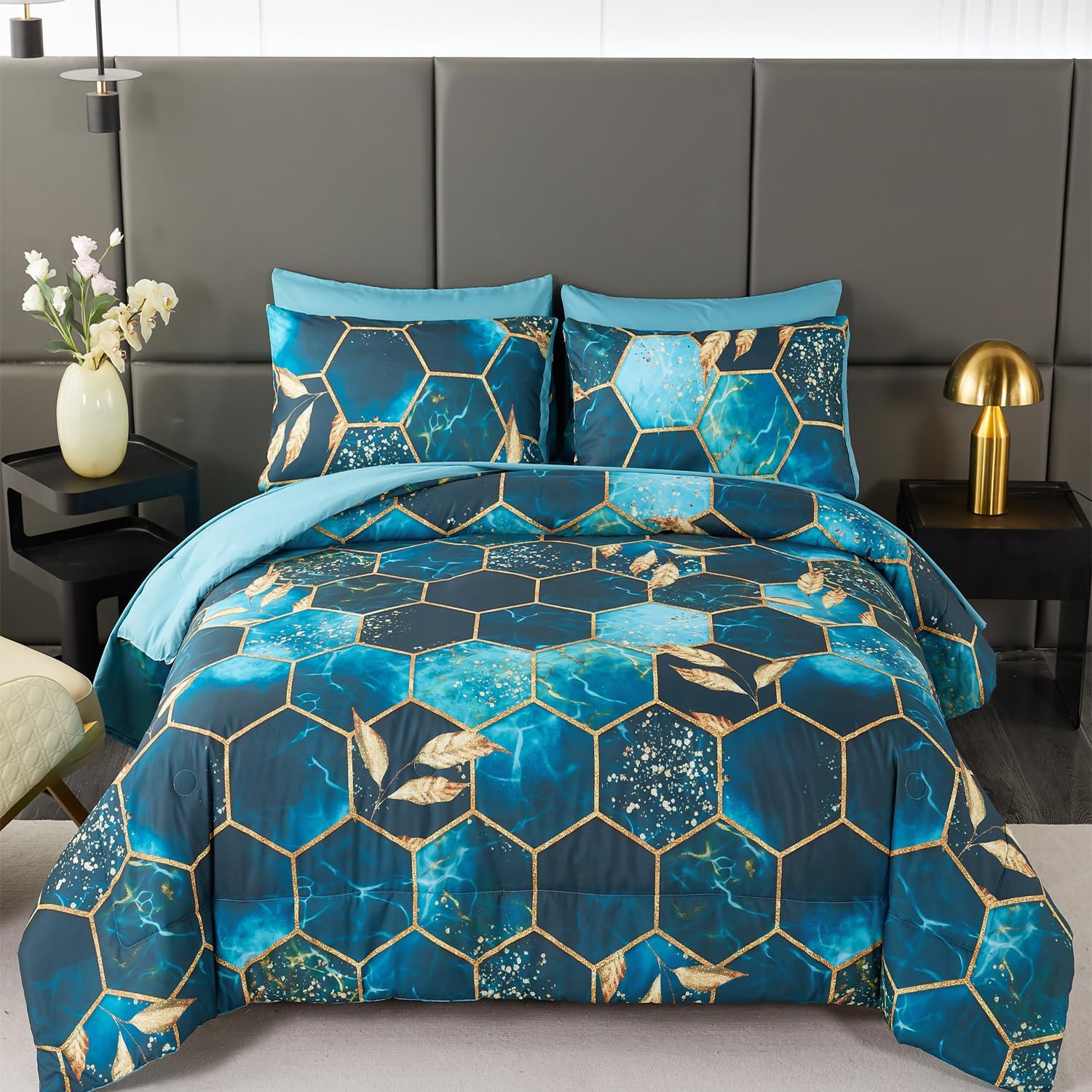 Detalle de ANGIYUIN Teal Gold Bedding Set King 7pc